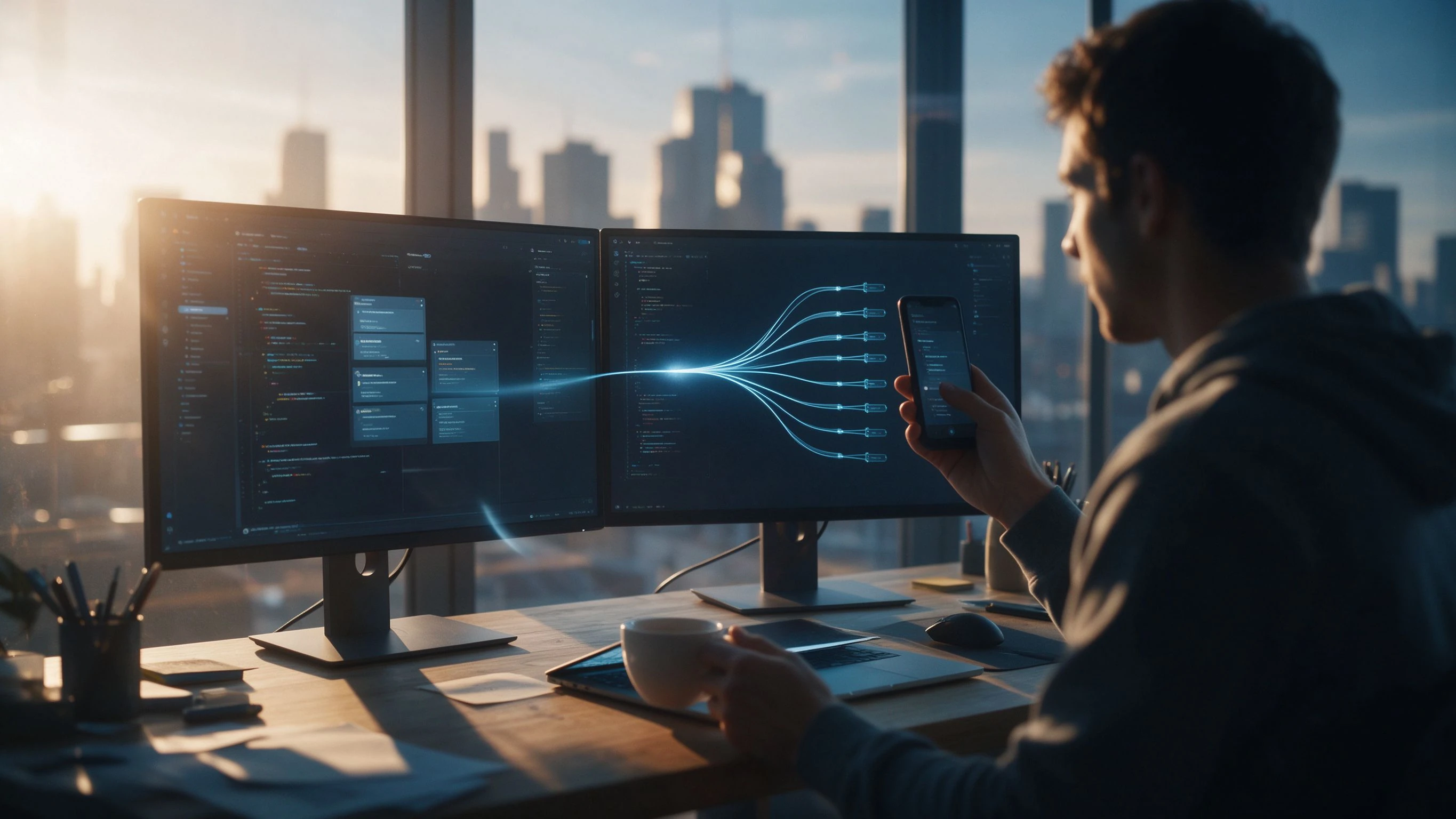 Early morning study: a developer seen from behind checks a phone while two monitors show a code workflow branching into parallel streams, dawn light through the window