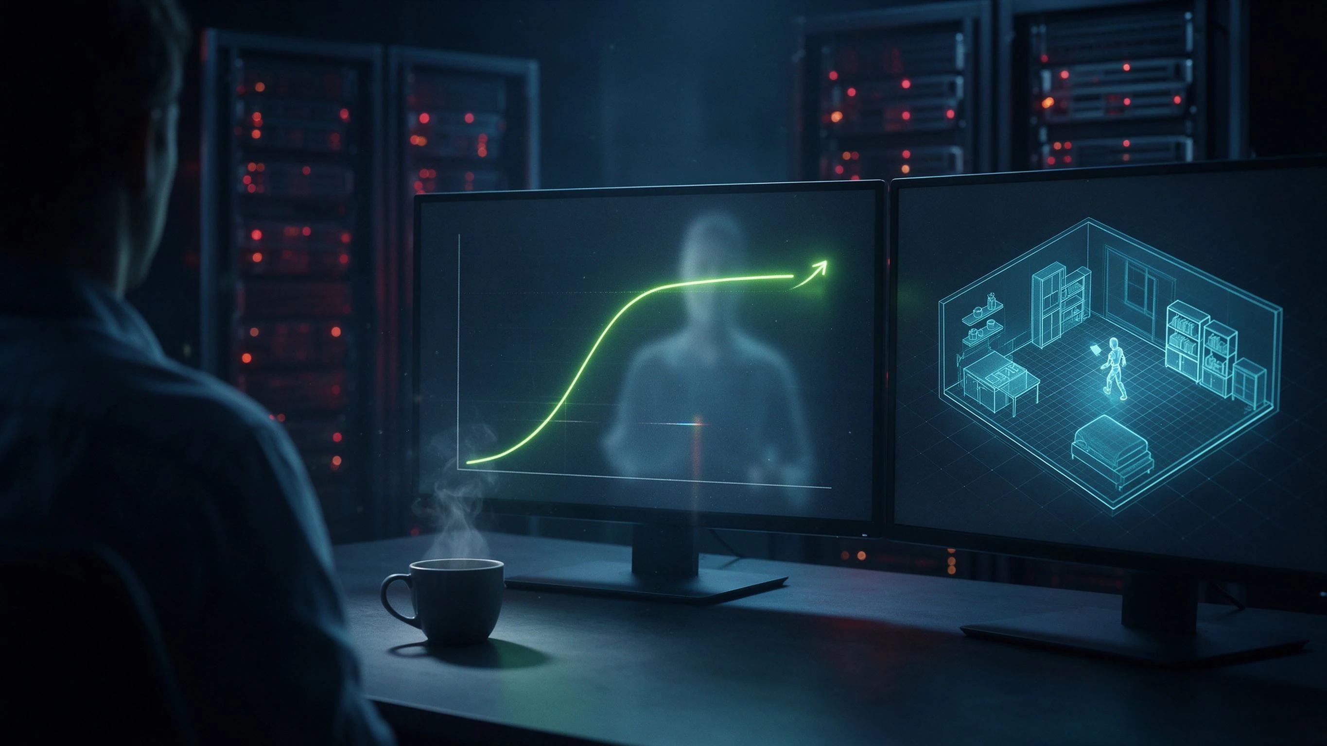 Late-night lab: a researcher seen from behind sits before two monitors, one showing a fluorescent green success-rate curve reaching a plateau, the other an agent moving in a grid environment, GPU racks blinking behind