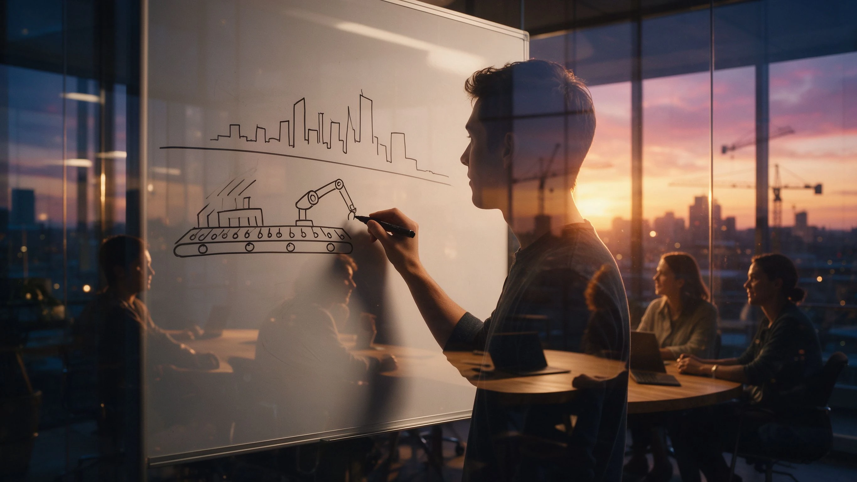 Dusk in a startup loft: a young founder seen from the side stands at a whiteboard, marker about to touch the surface, which carries simple sketches of a city skyline and factory machinery; beyond the glass wall, a sunset skyline and cranes; colleagues sit around a table