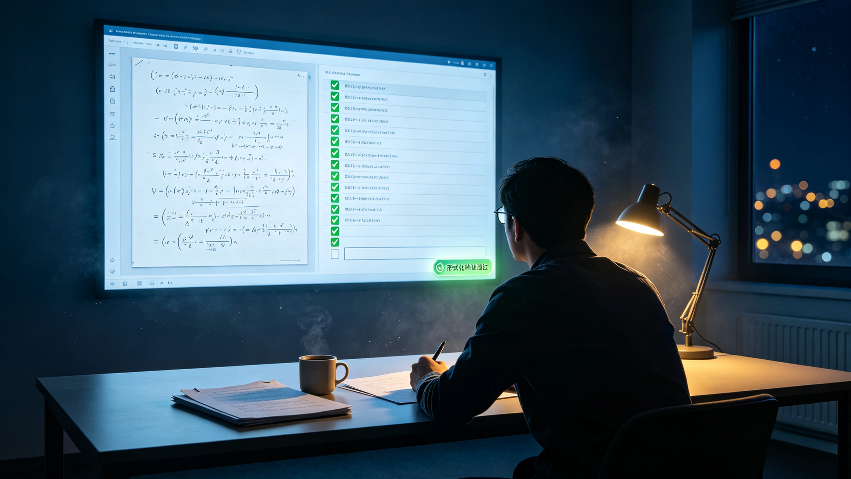 Late-night math seminar room, researcher's back before a large screen showing a two-page proof draft and a column of verification checkboxes being ticked one by one, a desk lamp on the table