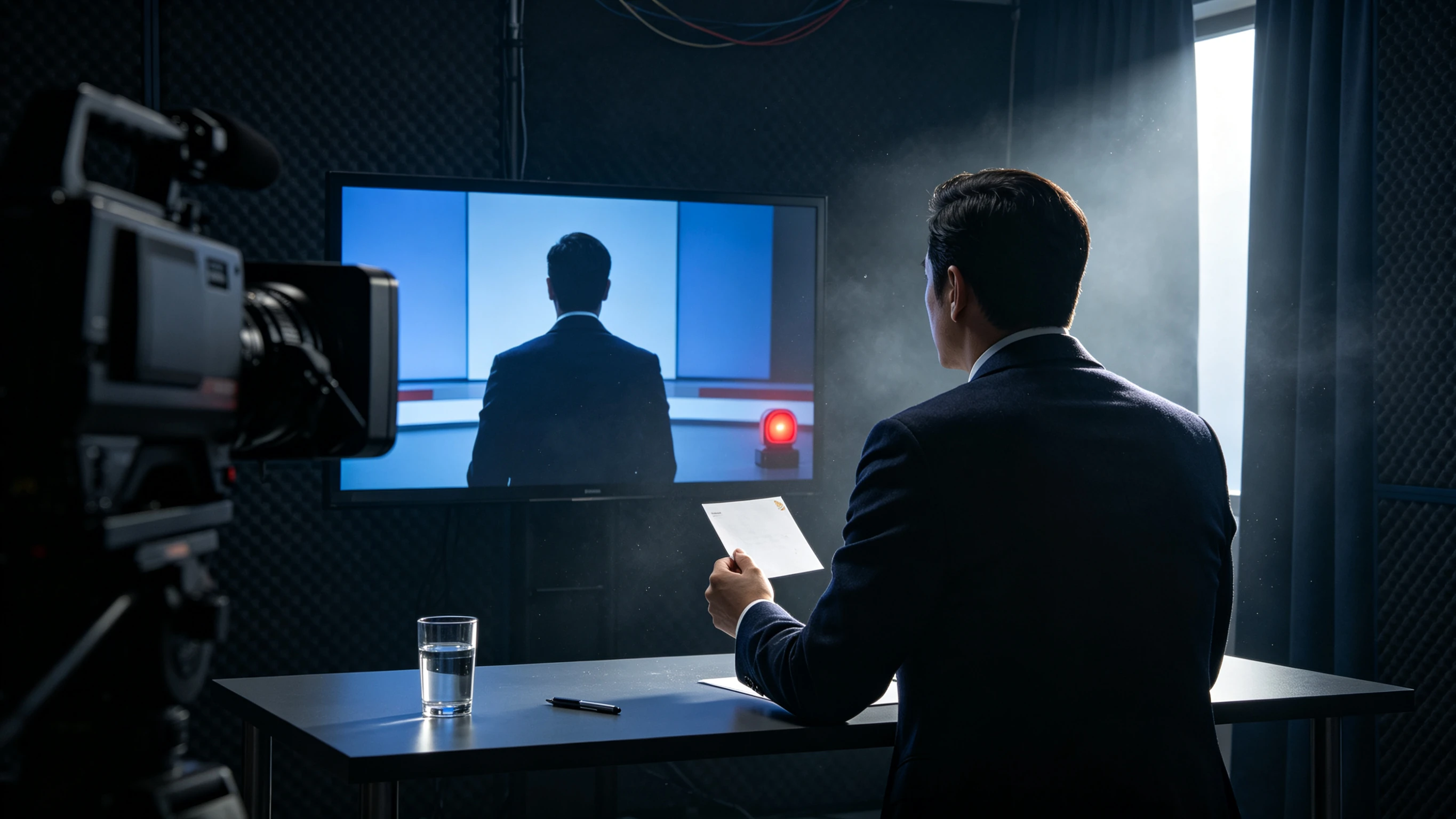 Early-morning TV studio backstage, an interviewee's back standing between camera and monitor, the monitor frozen on a speech frame, a glass of water and a teleprompter script on the table