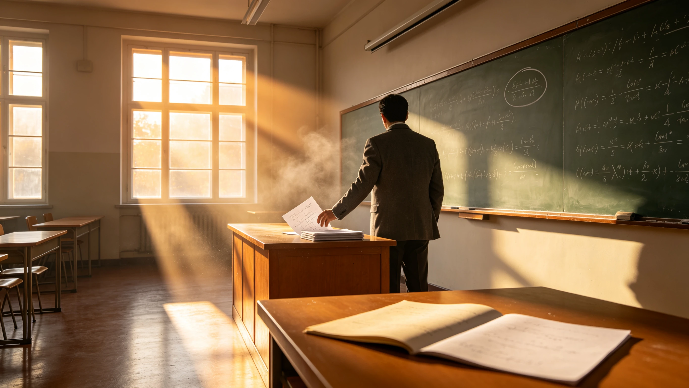 Early-morning mathematics seminar hall, a mathematician's back at a long table with drafts and a document, a chalkboard full of formulas behind the podium, morning light slanting through windows