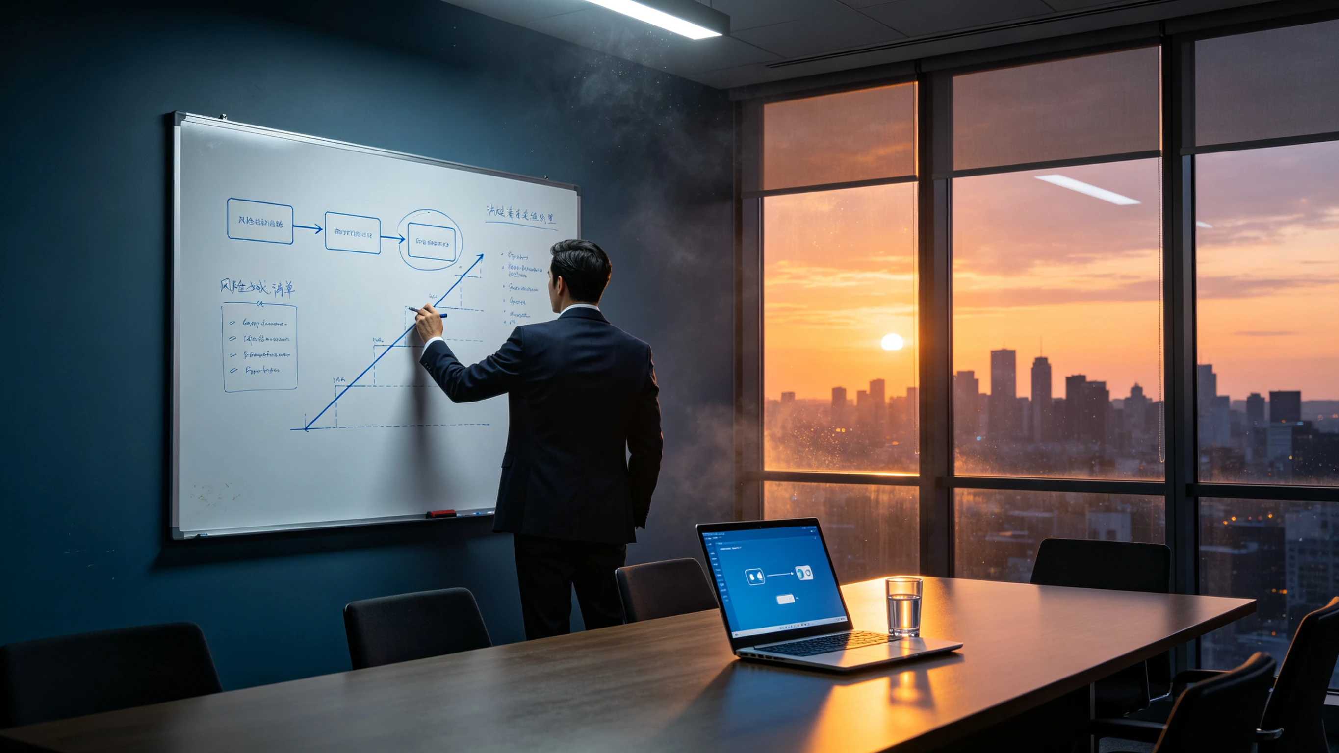 Dusk corporate meeting room, a compliance lead's back at a whiteboard covered with process boxes and a risk-domain list, a laptop on the long table showing an operating-envelope diagram, city dusk outside