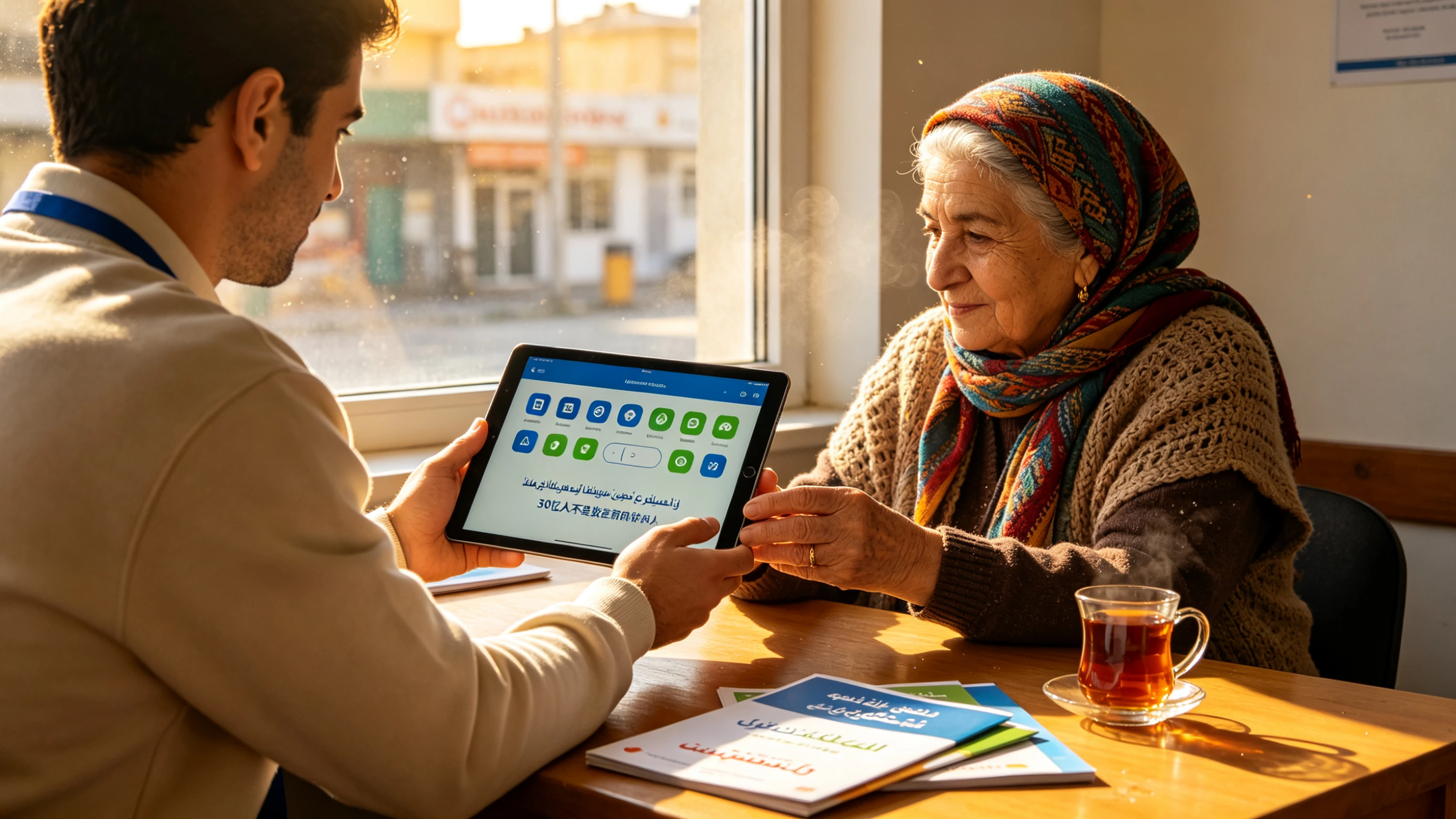 Early-morning community digital center, a volunteer's back teaching an elder a tablet, the screen showing a row of language-switch icons, sunlight through windows, multilingual brochures on the table