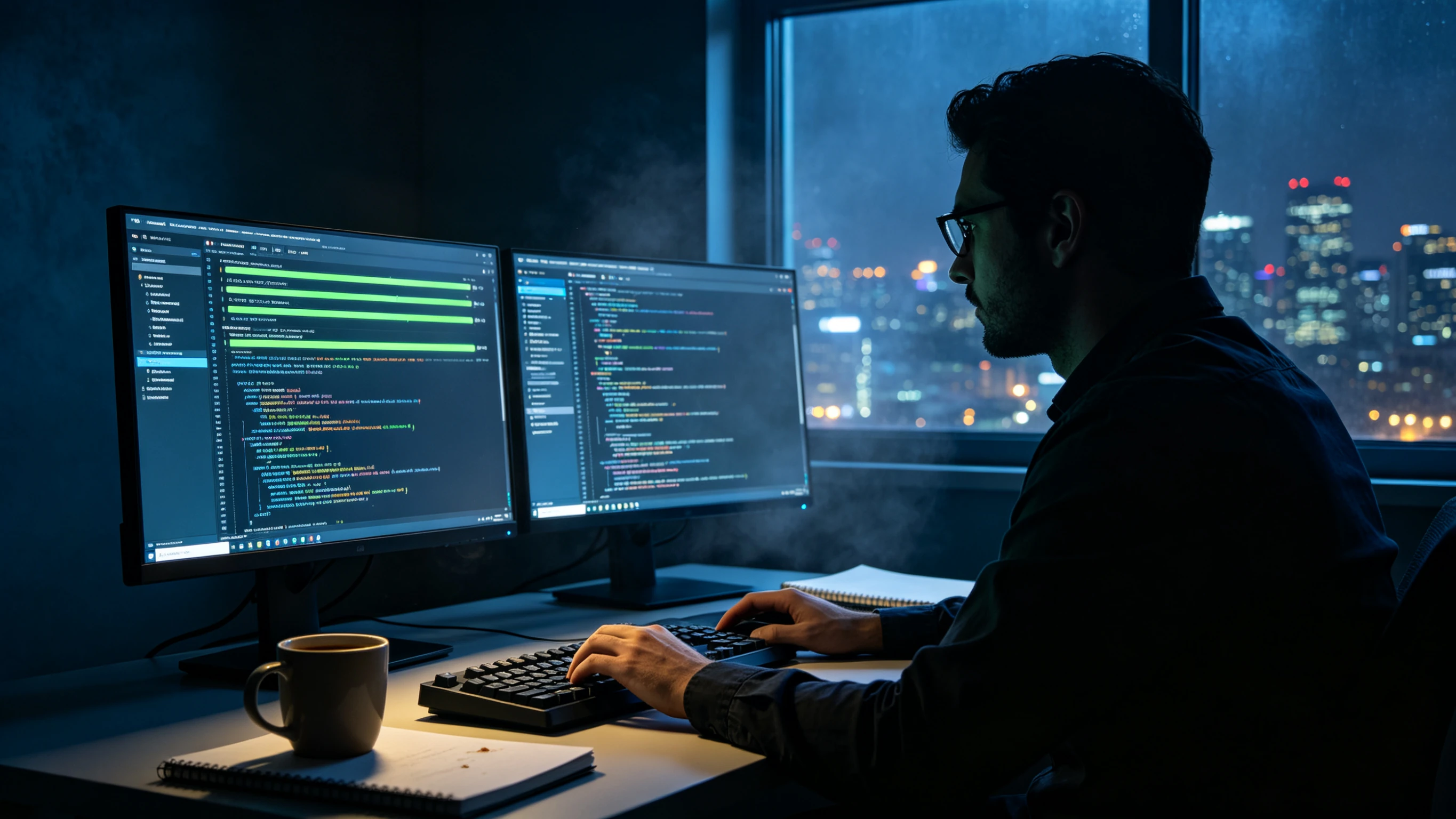 Late-night developer desk, an engineer's side profile before two monitors; the main screen shows continuous long-task progress bars and code across multiple windows, a side monitor stacked with to-do lists, coffee cup and keyboard on the desk, city lights outside