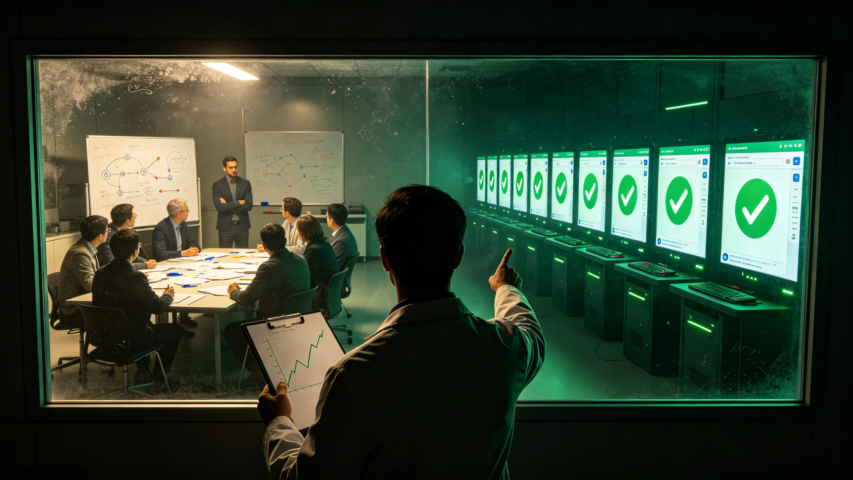 Late-night observation lab, a researcher's back before one-way glass: on the left a human group debates around a whiteboard with logic diagrams on paper, on the right a row of glowing AI terminals each showing the same green checkmark of agreement, the researcher's clipboard holding a chart of an inflated curve