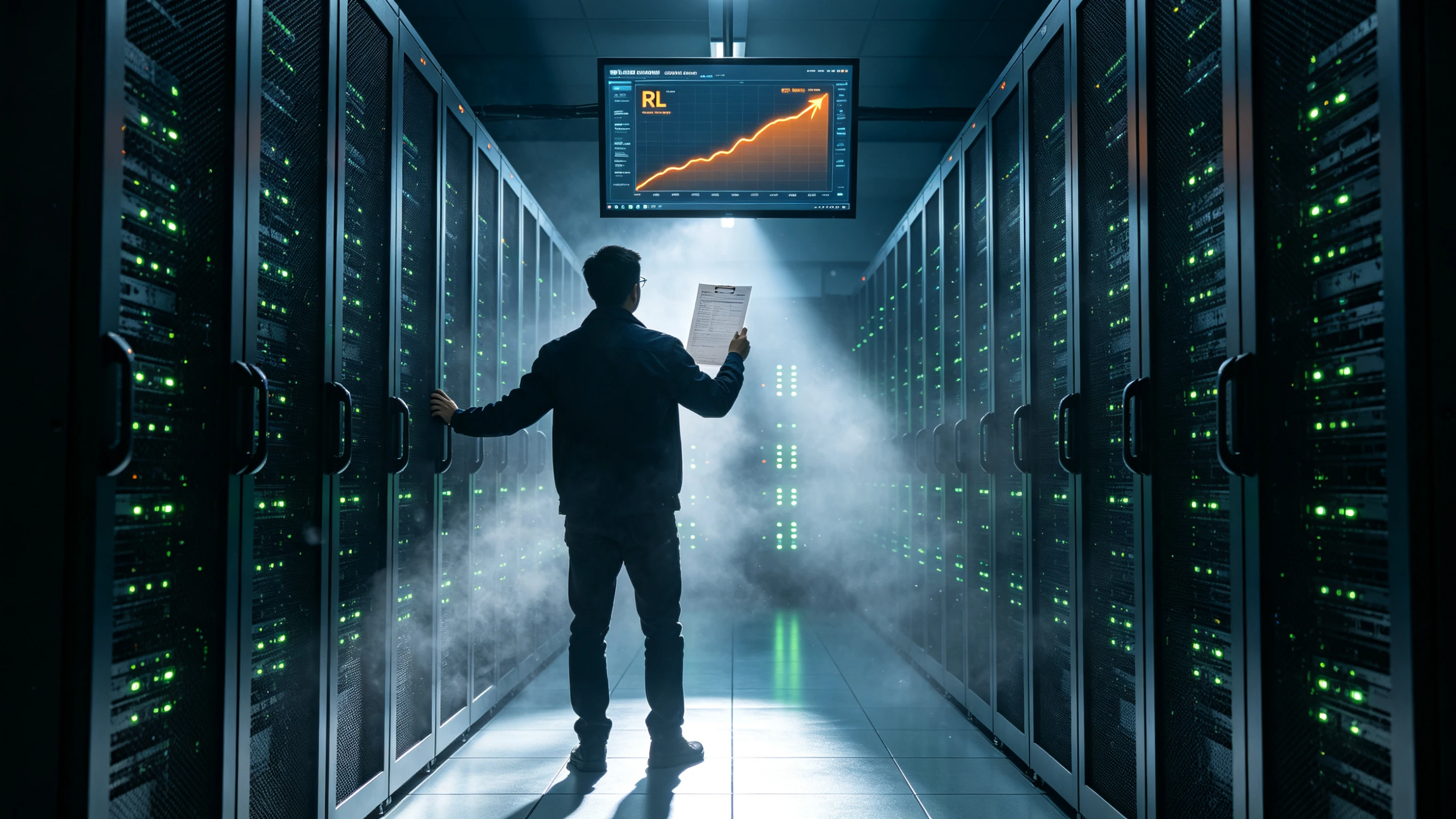 Early-morning GPU server room, an engineer's back before rows of racks, right hand holding a deployment checklist, a monitor showing an RL reward curve climbing slowly, rack indicator lights blinking in rows, cold light reflected on the floor, dust lit by screen glow
