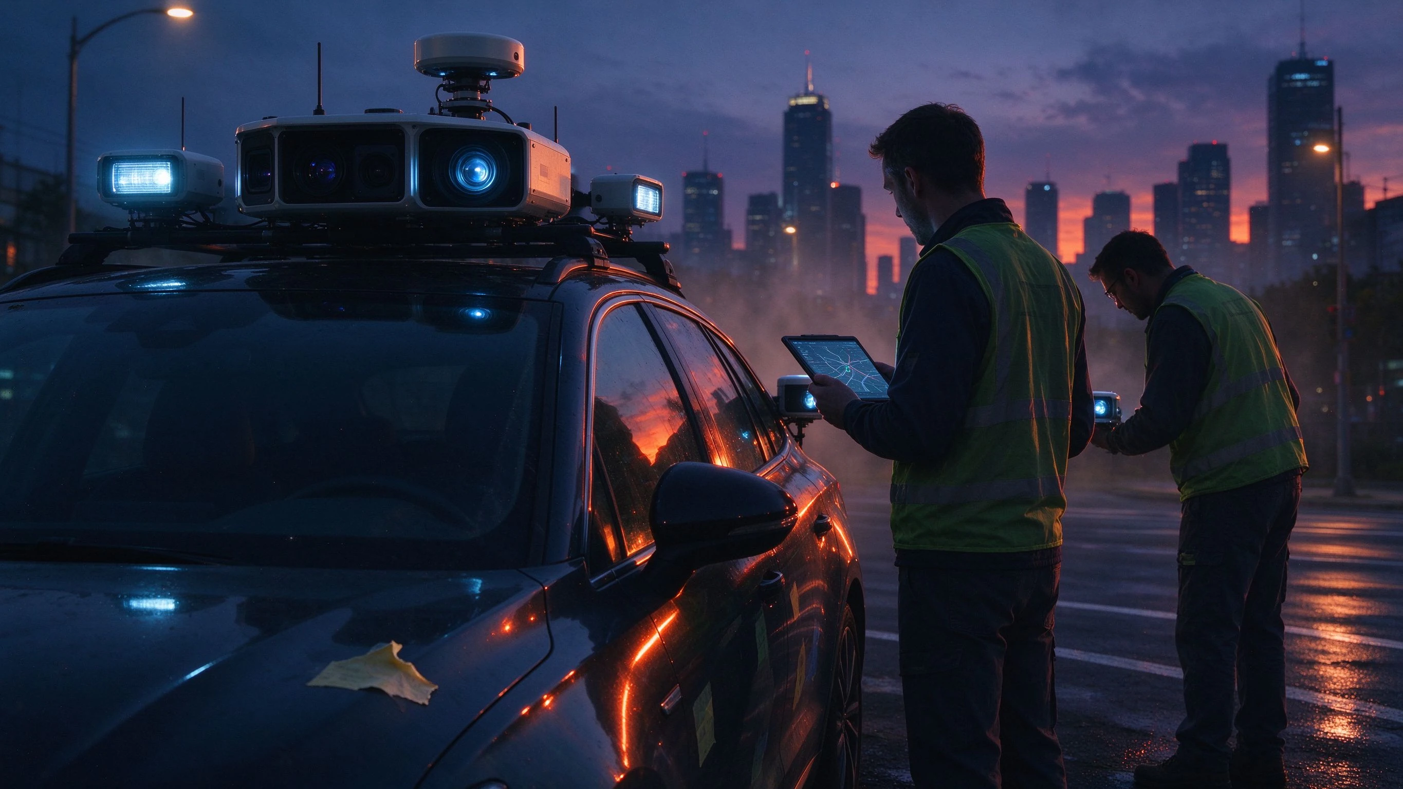 Dusk city intersection, a test car with sensor arrays on its roof stopped at the junction, two engineers' backs beside it, one holding a tablet reviewing route planning, one leaning to inspect side sensors, orange evening light reflected on the paint, city skyline in the twilight