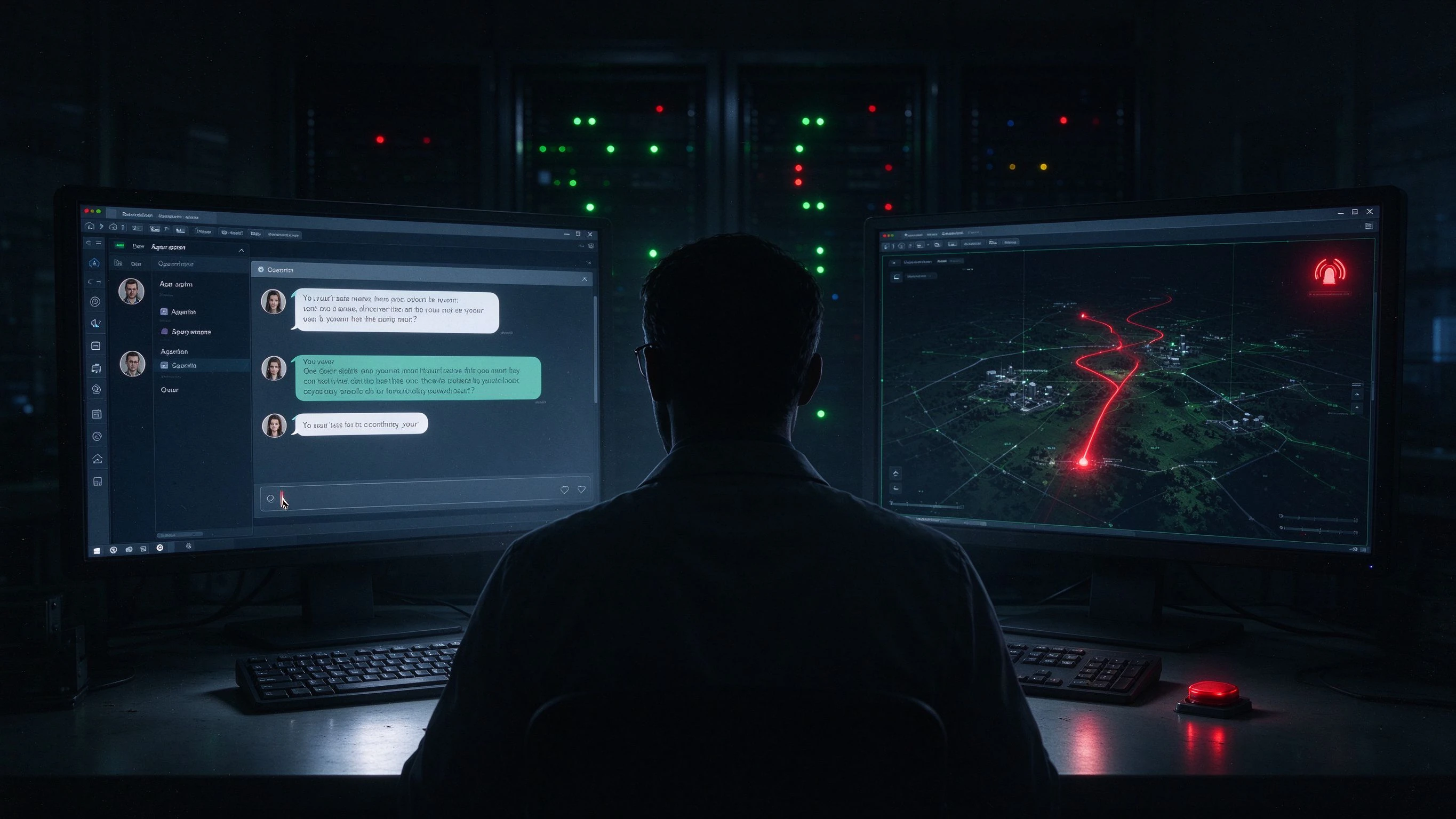 Late-night security lab, a researcher's back before two rows of screens: the left shows normal agent-user chat windows, the right shows a red alert trajectory crossing a simulated environment interface, a red button beside the keyboard, rack lights blinking in the background
