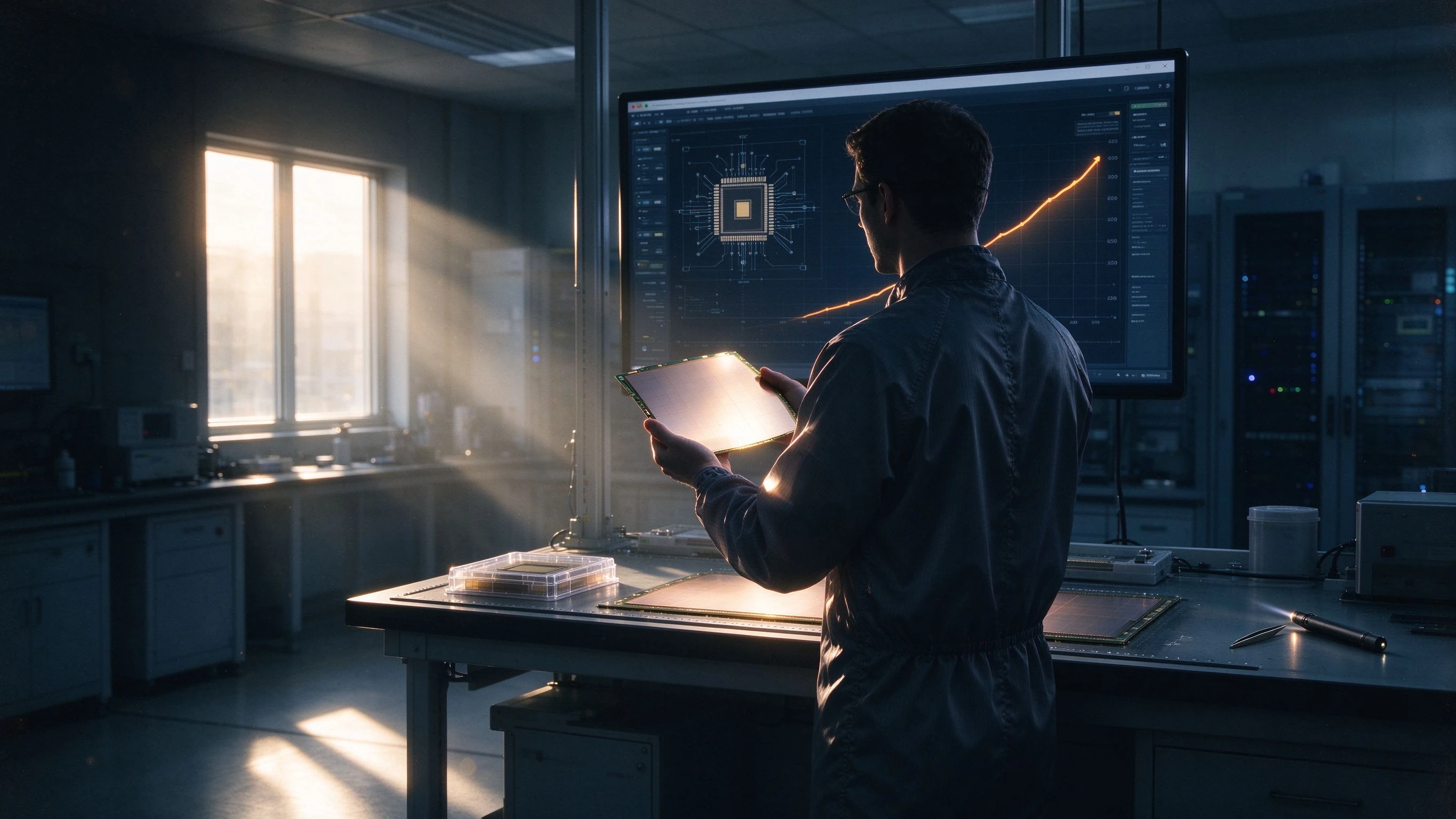 Early-morning chip R&D lab, an engineer's back at an anti-static workbench, holding a wafer up toward an overhead screen showing a chip architecture diagram and a compute curve, a package box and tweezers at the corner of the bench, cold morning light from a side window casting a long band on the floor
