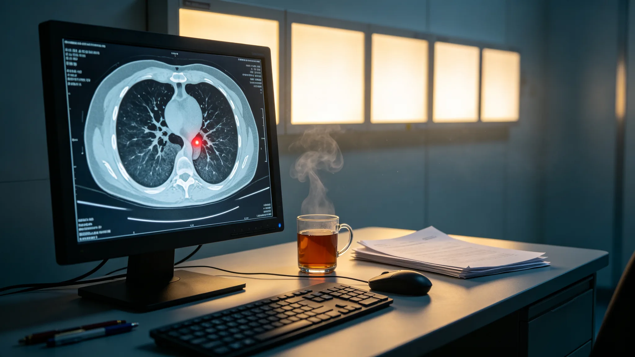 A radiology reading room at dawn: in the foreground a monitor shows a grayscale chest CT cross-section (pure graphics, no text) with a highlighted red marker at the esophagus region; beside it a cup of tea, a stack of white report sheets, and a mouse; midground, a dark-room desk with keyboard; background, backlit viewing boxes glowing warm and a wall of gray screens. No people, no text.