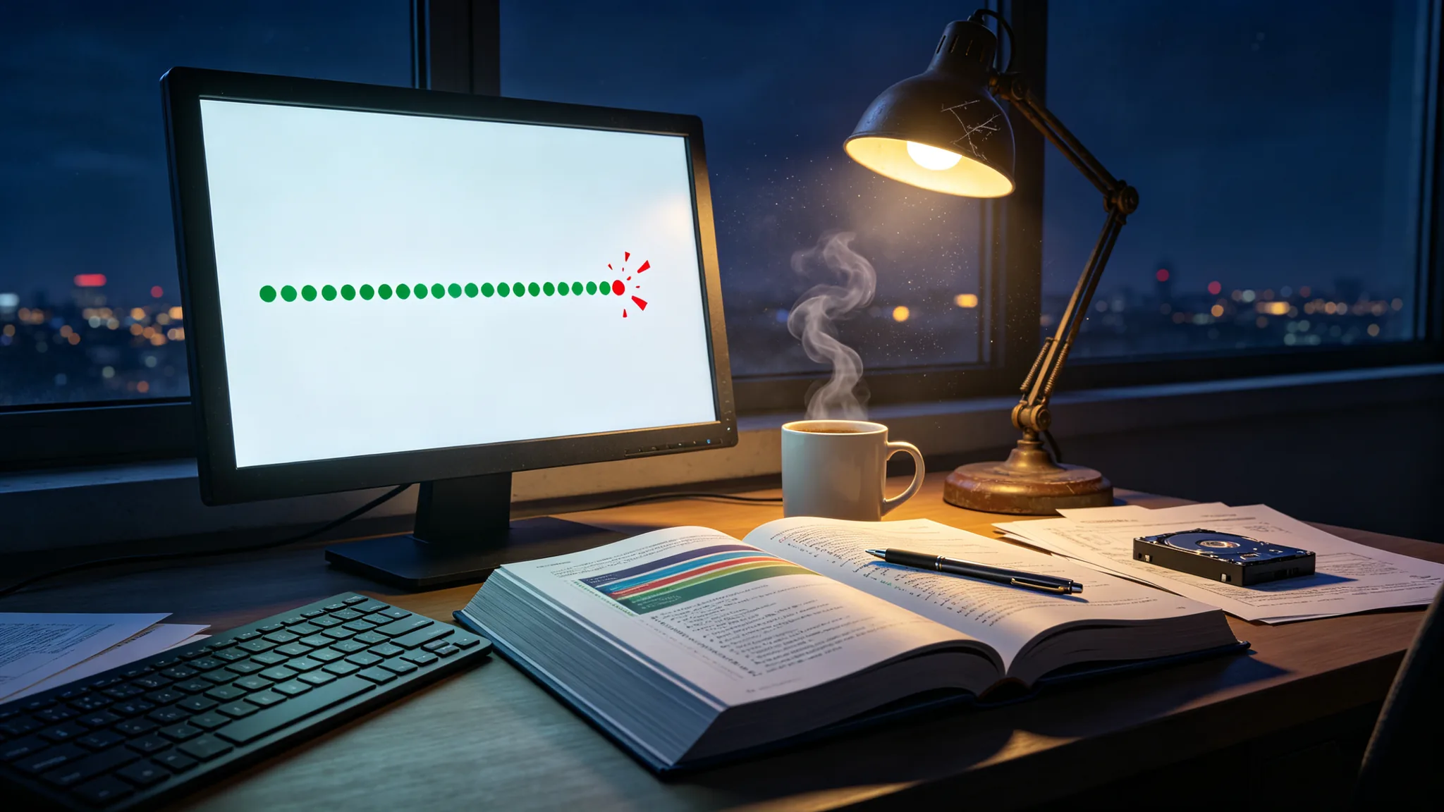 A late-night desk: in the foreground a monitor shows a horizontal trail of green dots (pure graphics, no text), and at about halfway one dot turns red and splits into fragments; in front of the screen lie an open thick programming book and a coffee cup, a keyboard on the left; midground, a desk lamp and pens; background, city lights outside a night window. No people.