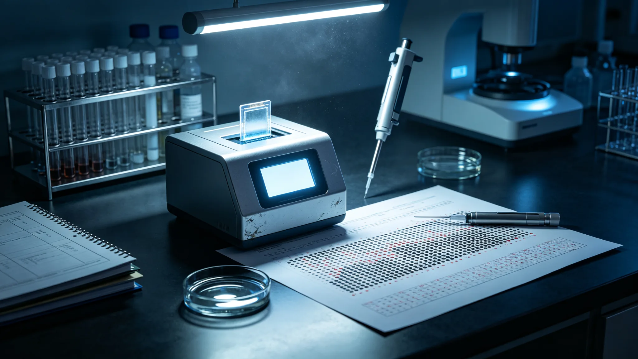 A predawn macro scene in a biology lab: in the foreground a small sequencing instrument, a sheet of graph paper covered with black and red dot arrays (pure graphics, no text), a pipette and a petri dish beside it; midground, metal racks of neatly lined centrifuge tubes and reagent bottles; background, dark lab benches and an instrument with a cool-lit screen, a cold-white light strip hanging from the ceiling. No people.