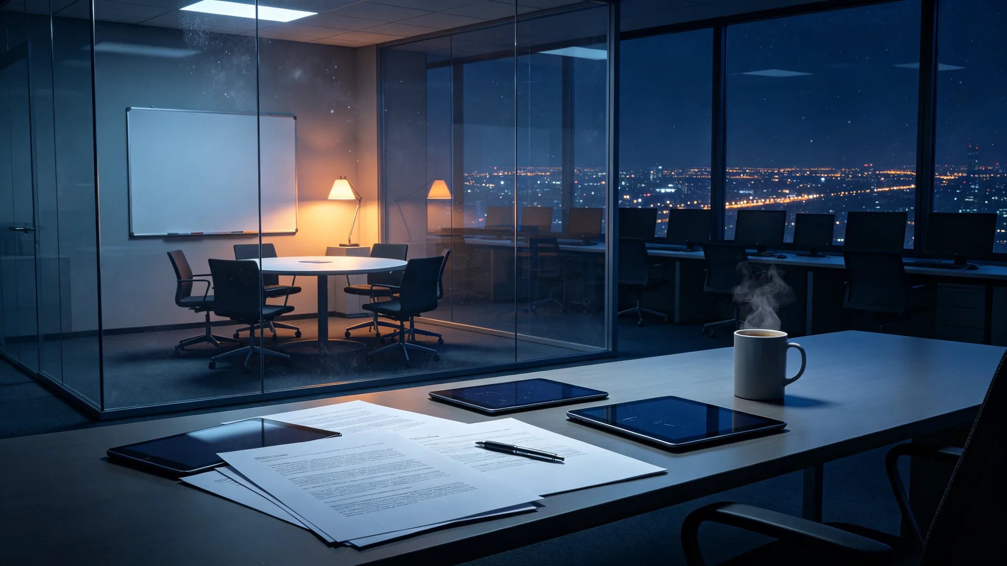 A late-night corner of an open-plan office: in the foreground a long table with a stack of white papers and three dark tablets (pure graphics, no text), a pen resting on the papers; midground, a meeting room behind a glass partition with empty chairs around a round table and a blank whiteboard; background, city lights outside floor-to-ceiling windows and a row of dark monitors. No people, no text.