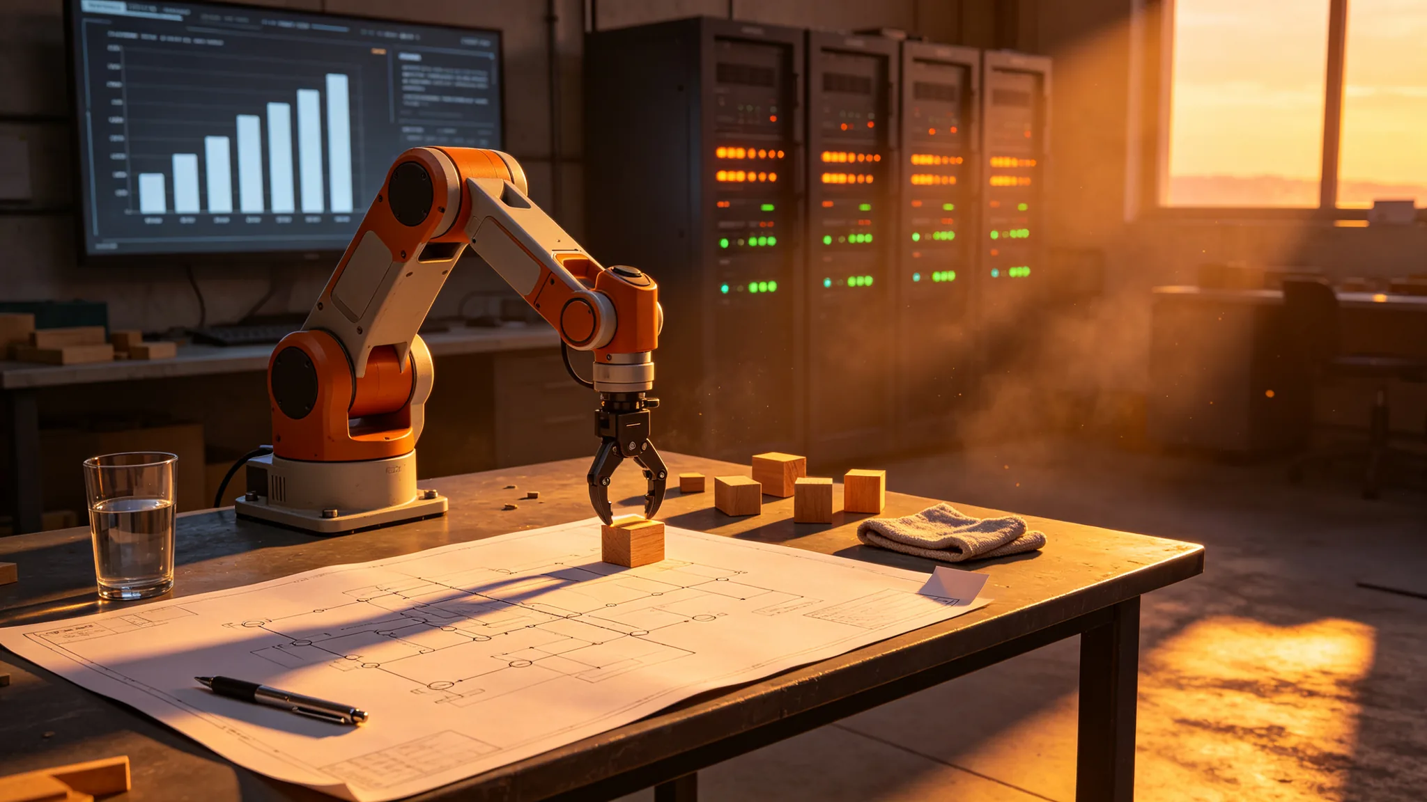 A robot debug workshop at dusk: in the foreground a workbench with a flowchart-covered blueprint (pure graphics, no text), a pen and a glass of water; midground, a small six-axis robotic arm performing a fine pick-and-place on the table, with a few wooden blocks of different sizes scattered nearby; background, a wall screen showing rows of bar charts (pure graphics) and a row of equipment racks with indicator lights, dusk light slanting in from a window. No people.