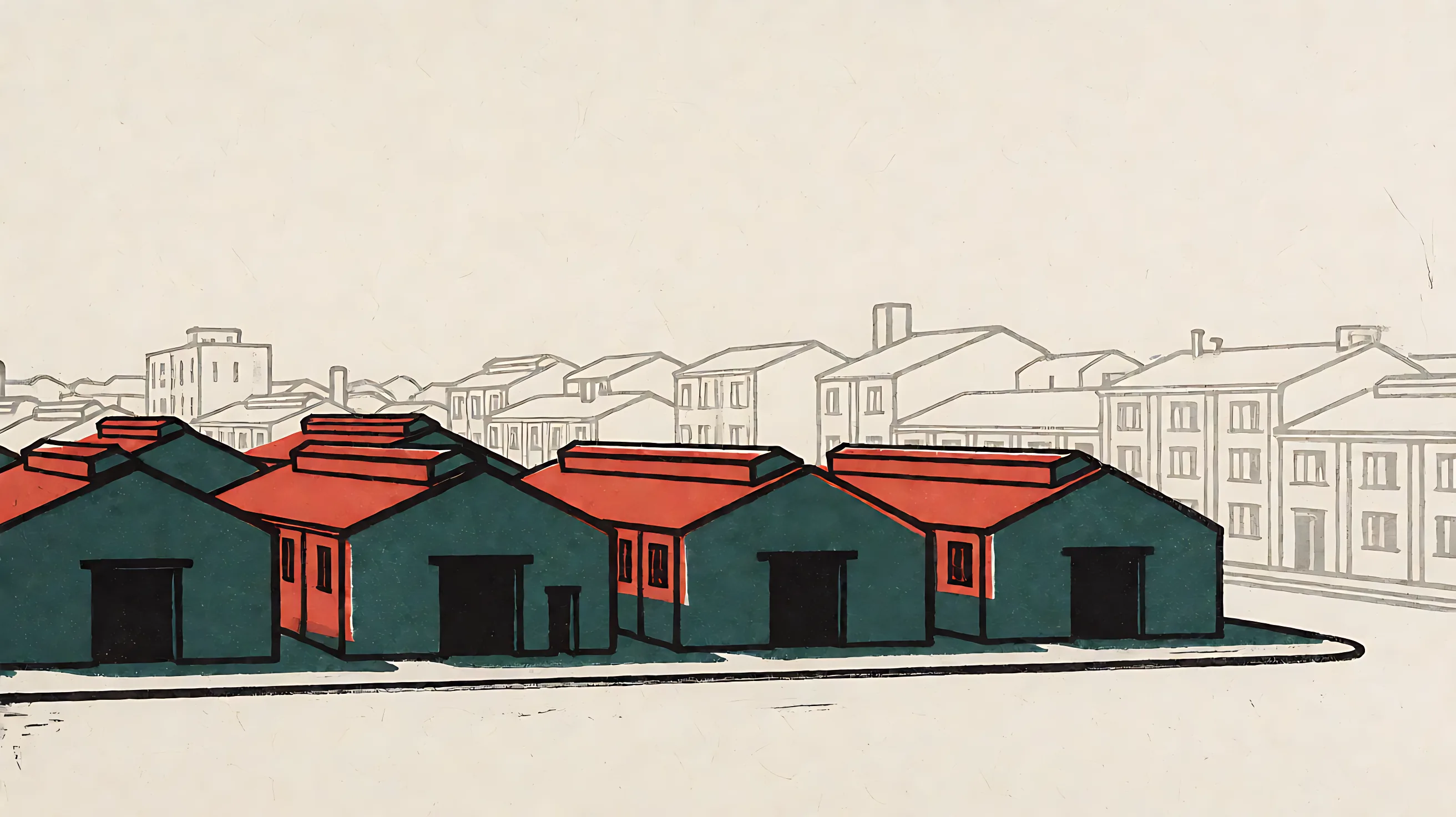 Color woodcut: solid finished halls in front, and only pale empty outlines farther back.