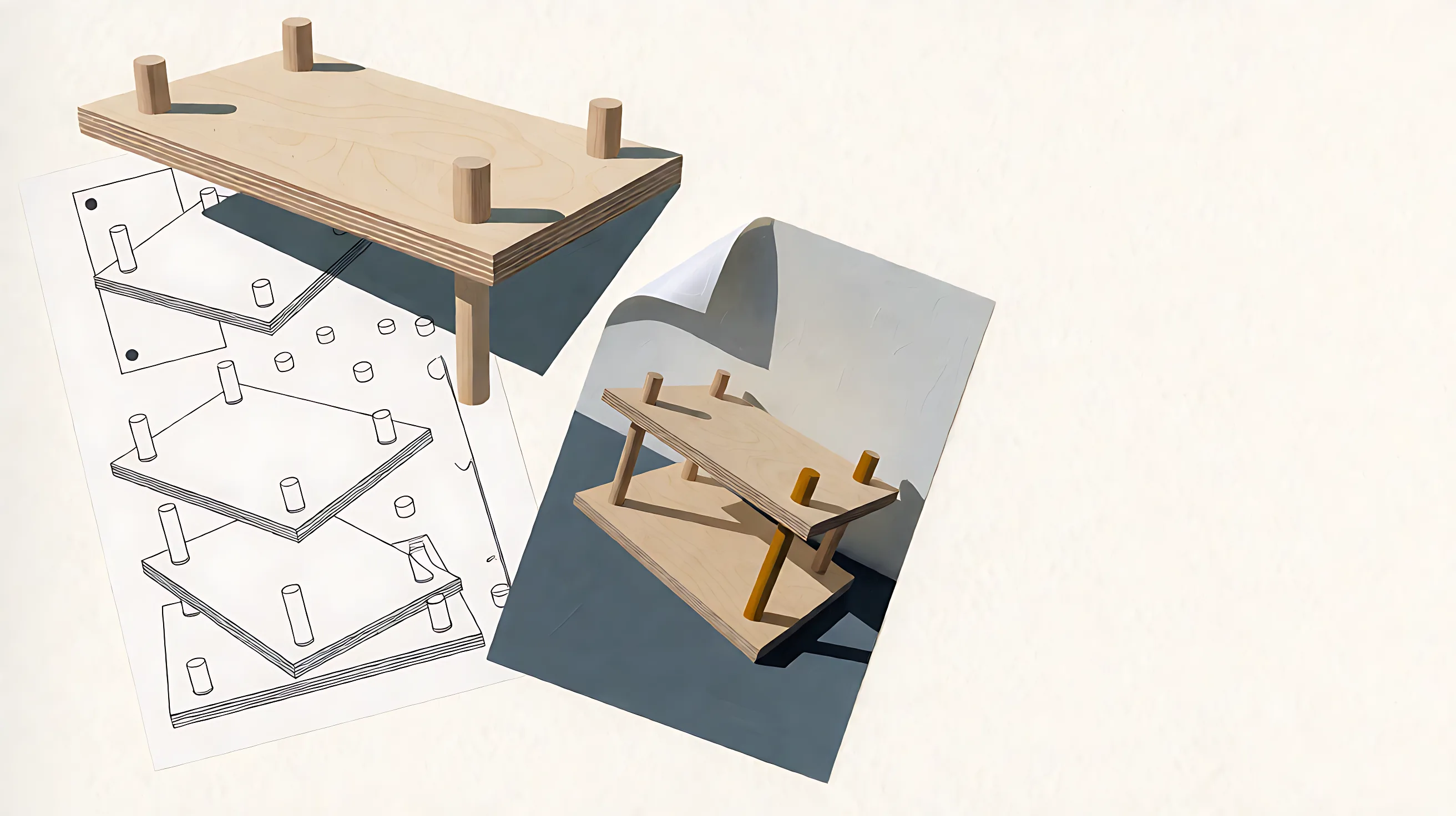 Gouache of a tilted wooden shelf beside wordless assembly diagrams.