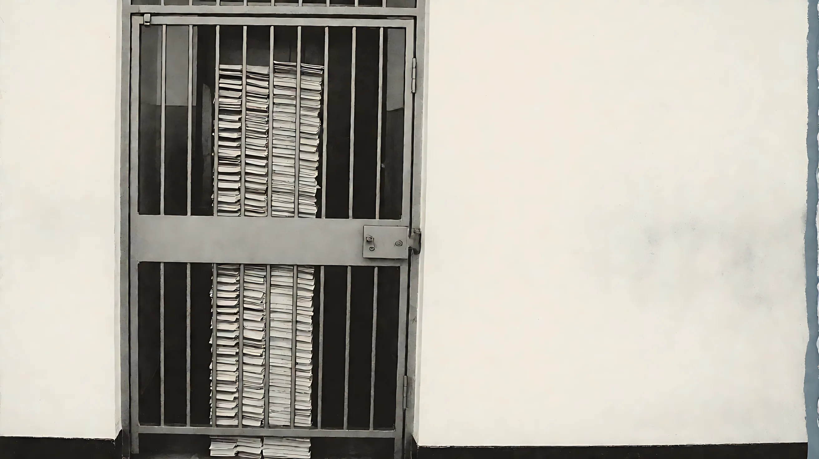 Monotype of a gate with a pile of identical blank slips against the bars.