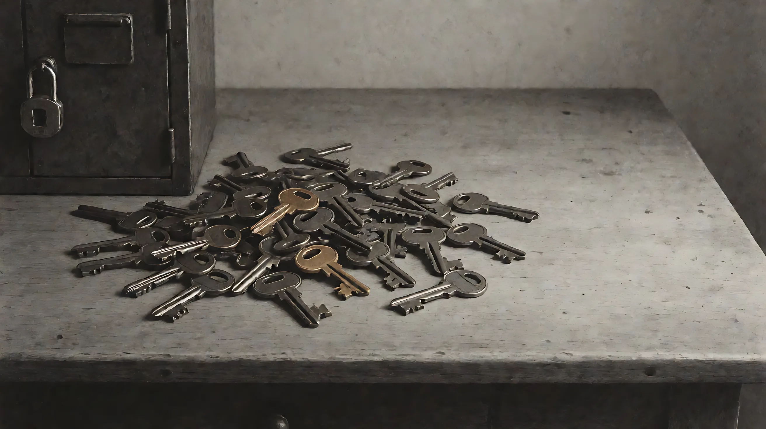 Aquatint of a pile of identical unmarked keys beside a locked cabinet.