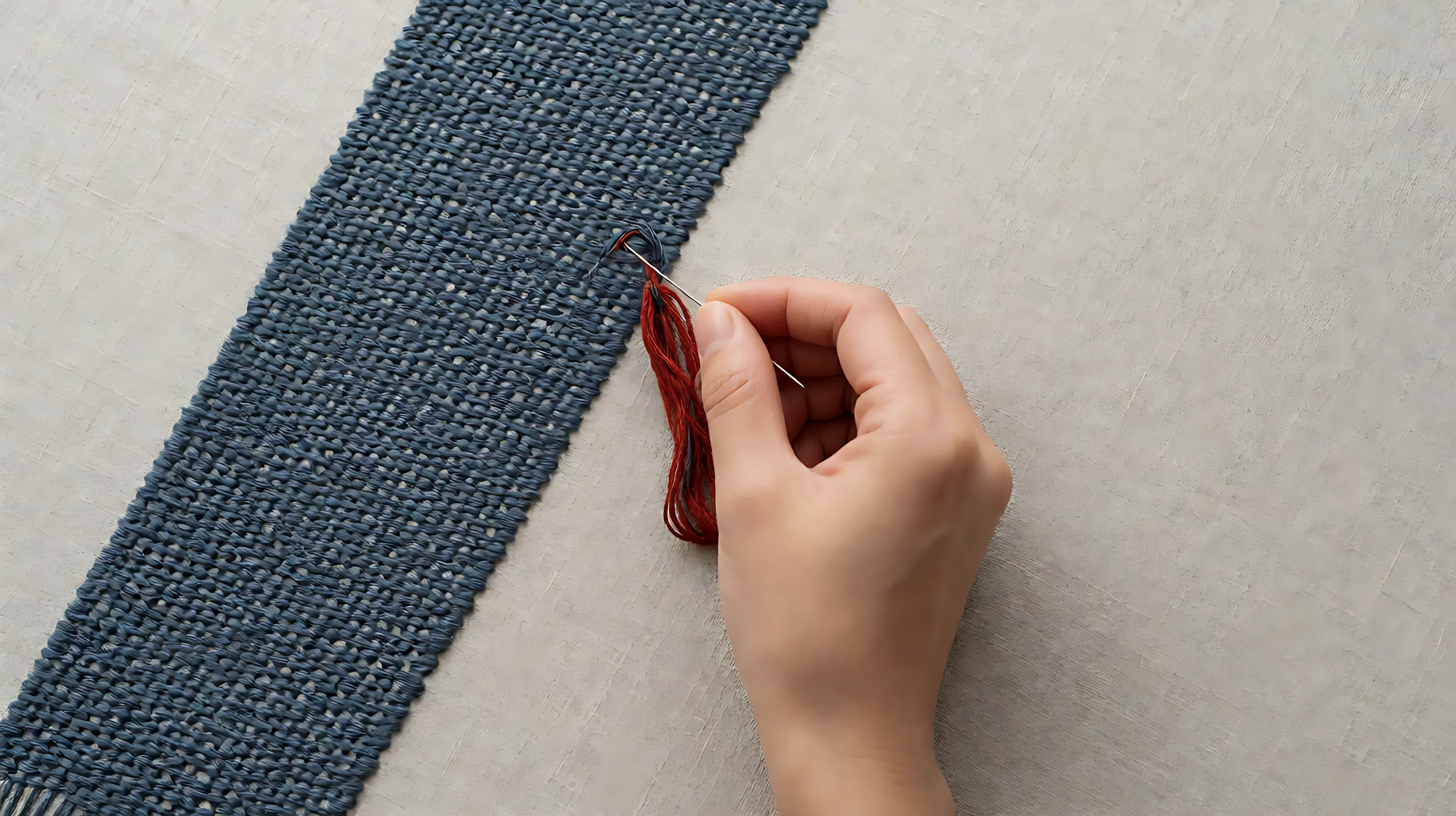 Embroidery of a hand choosing one red thread beside a long finished line of stitches.