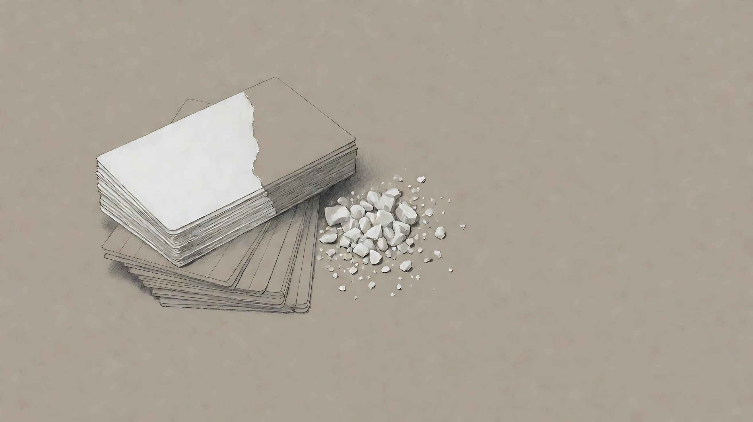 Graphite drawing of a card stack, the top card half erased, with eraser crumbs beside it.