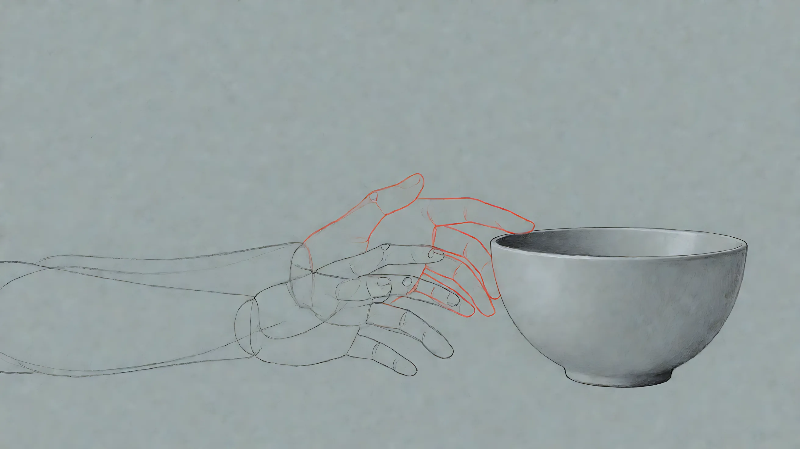 Graphite and one red pencil: five faint arm paths stop short of a bowl, and one red path reaches it.