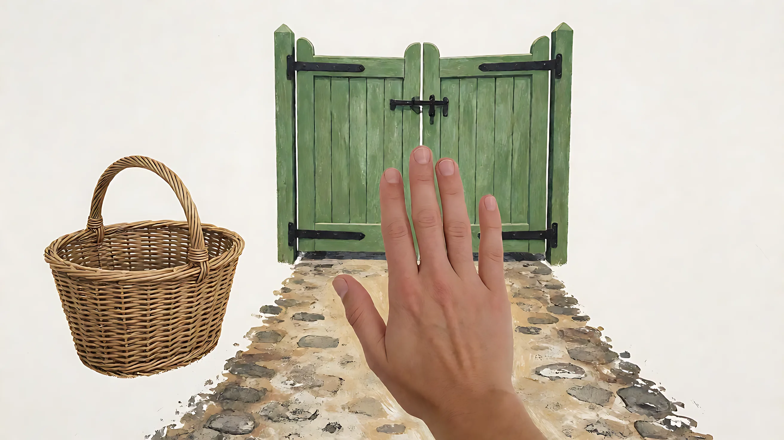 Collagraph: a hand stops in front of a closed gate.