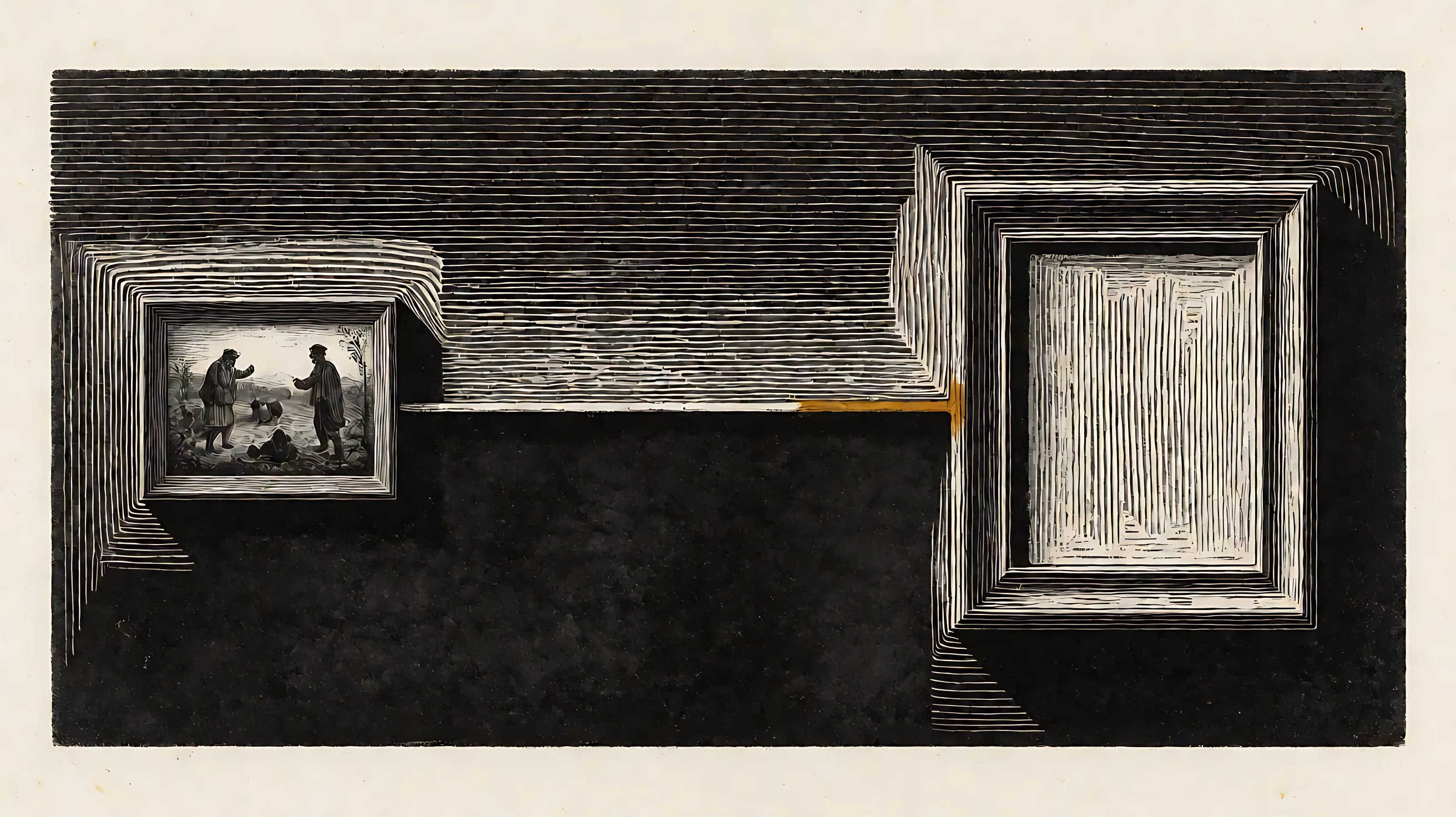 Wood engraving: the left frame is cut in full, and the right frame is empty.