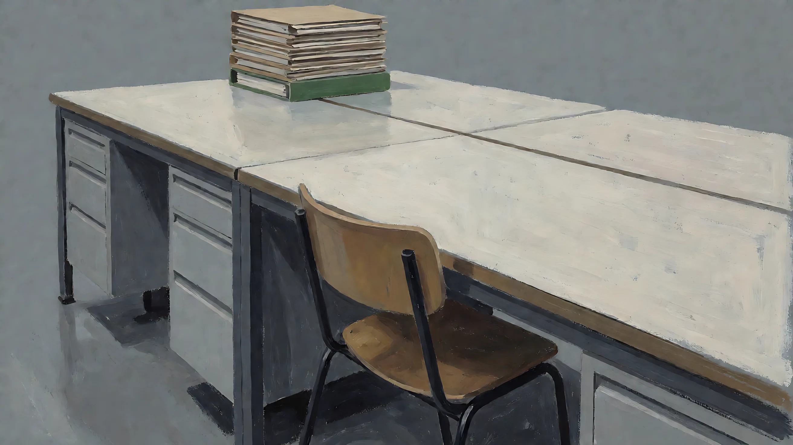 Casein: a chair pulled out from a long table, with a stack of blank folders on the table.