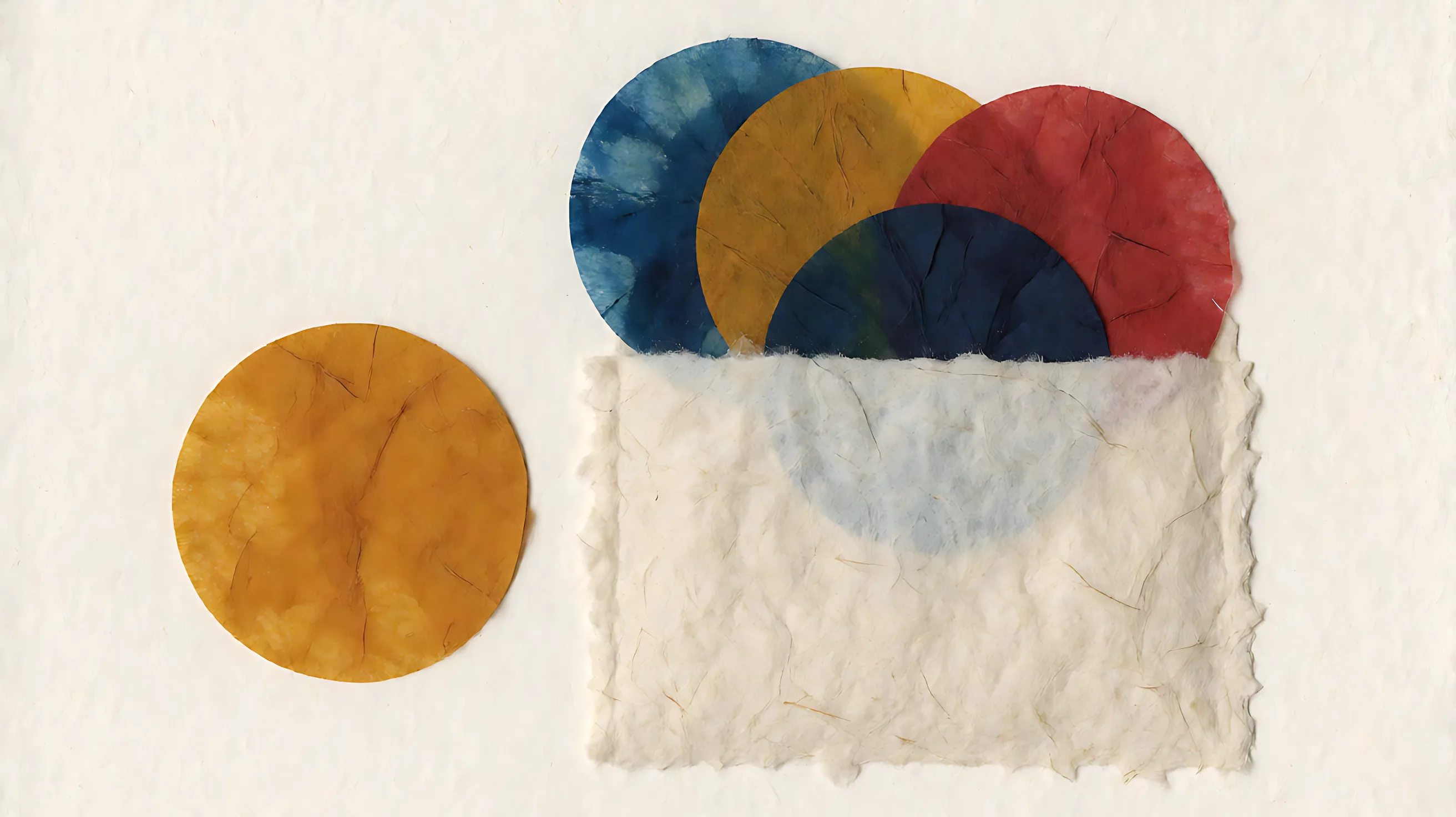 Chine-collé: five colored circles sit in one paper pocket, and one ochre circle stays outside.