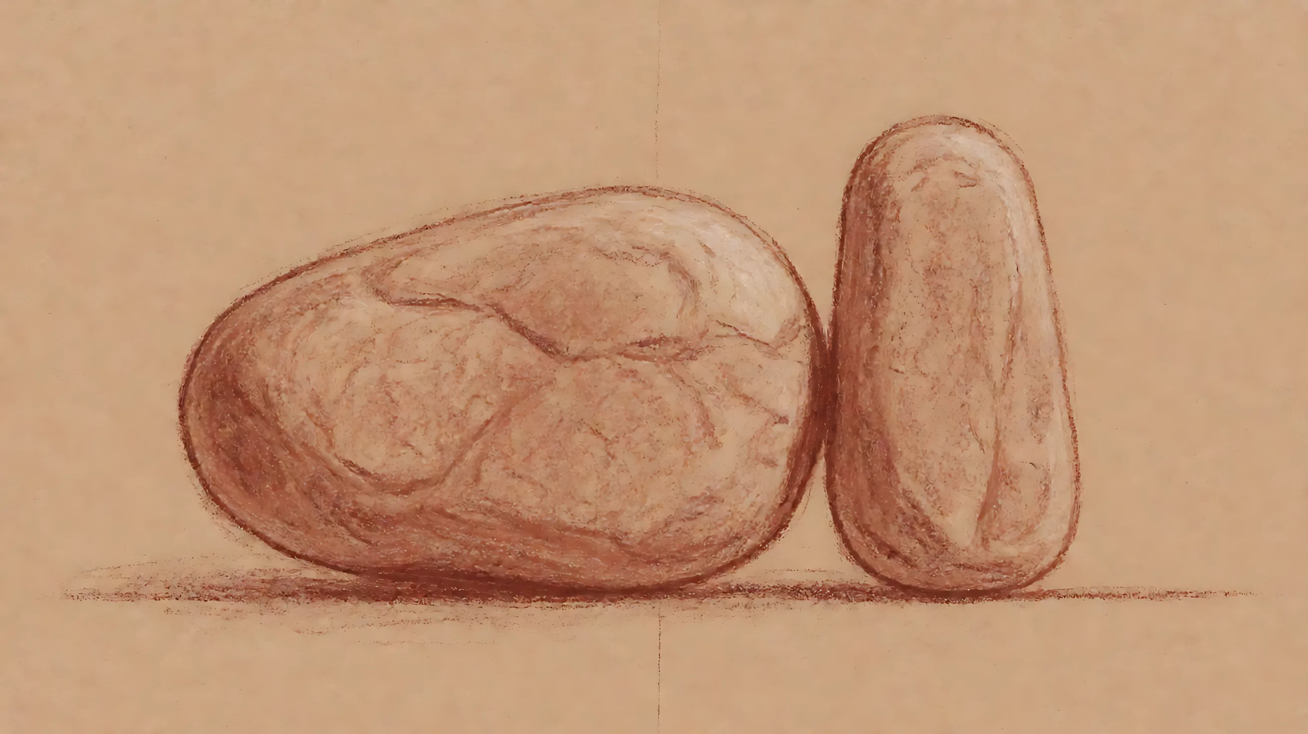 Sanguine chalk: a narrow stone stands as tall as a wider stone on the same line.