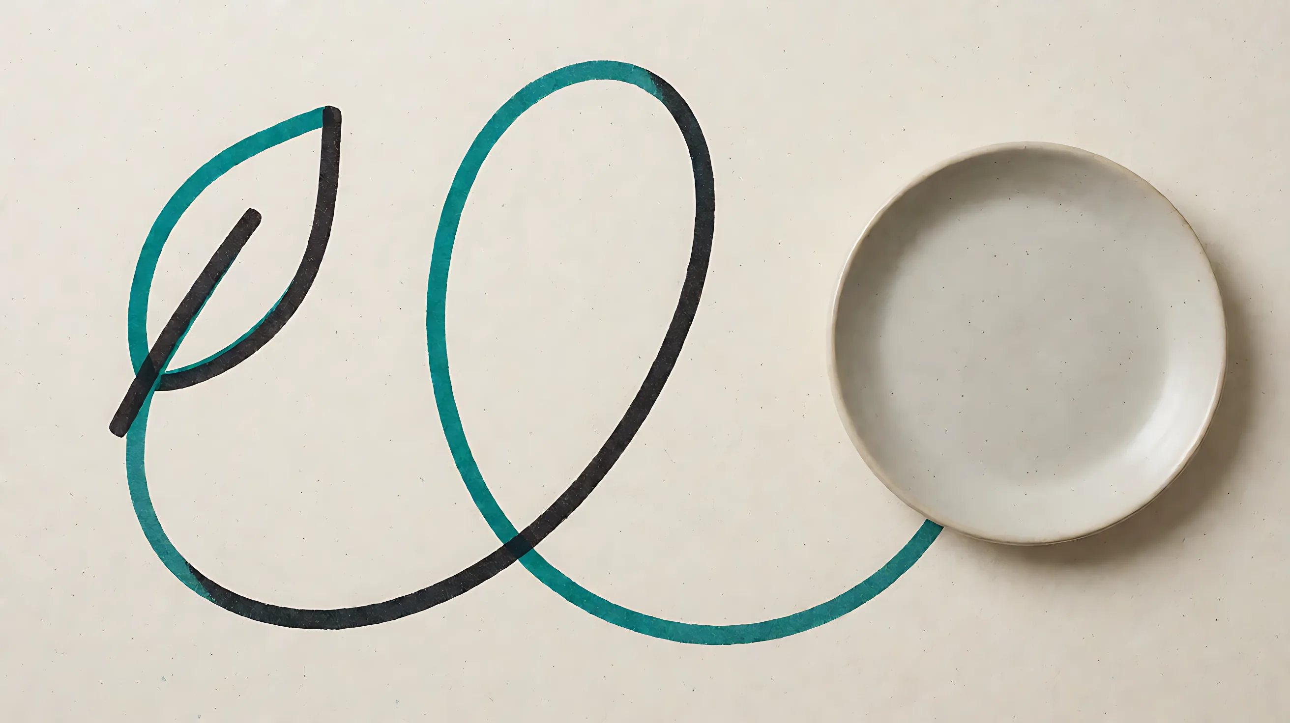 Risograph: one line loops a leaf and a ceramic dish together.