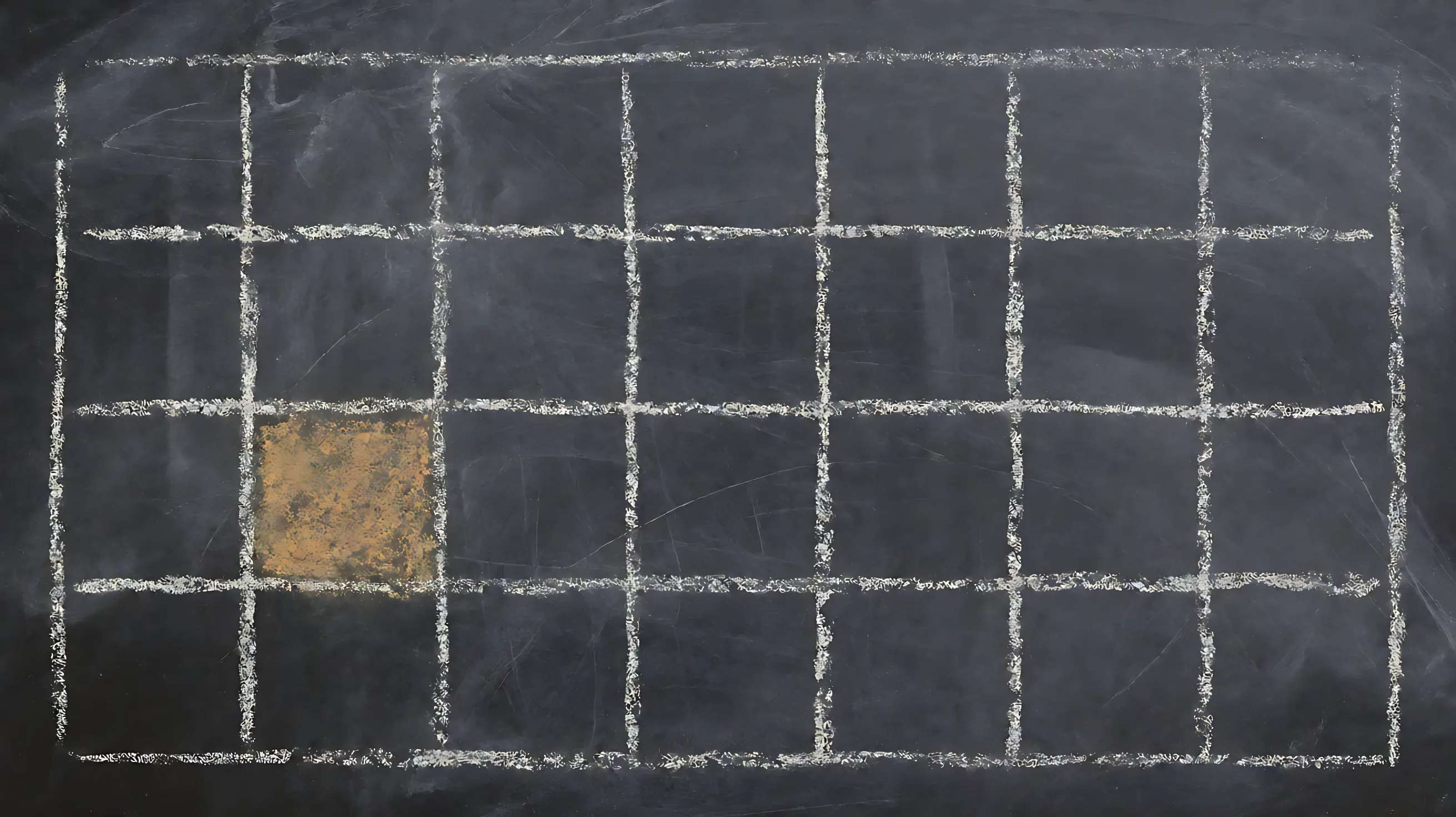 Chalk on slate: a grid of empty cells with one ochre mark in the lower row.