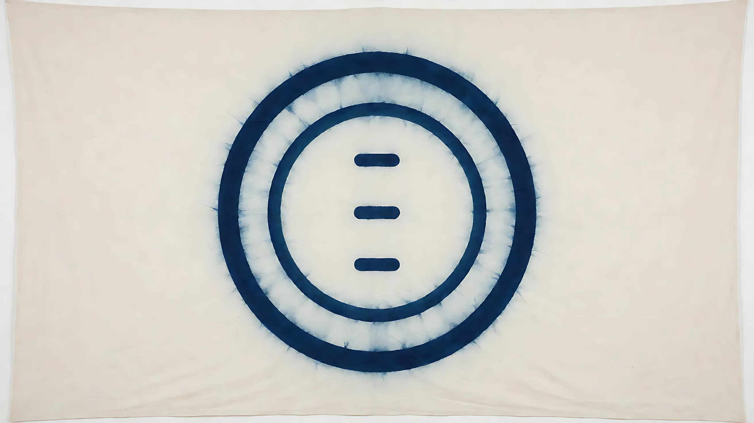 Indigo cloth: two closed circles, with three short marks inside and none leaving the outer circle.
