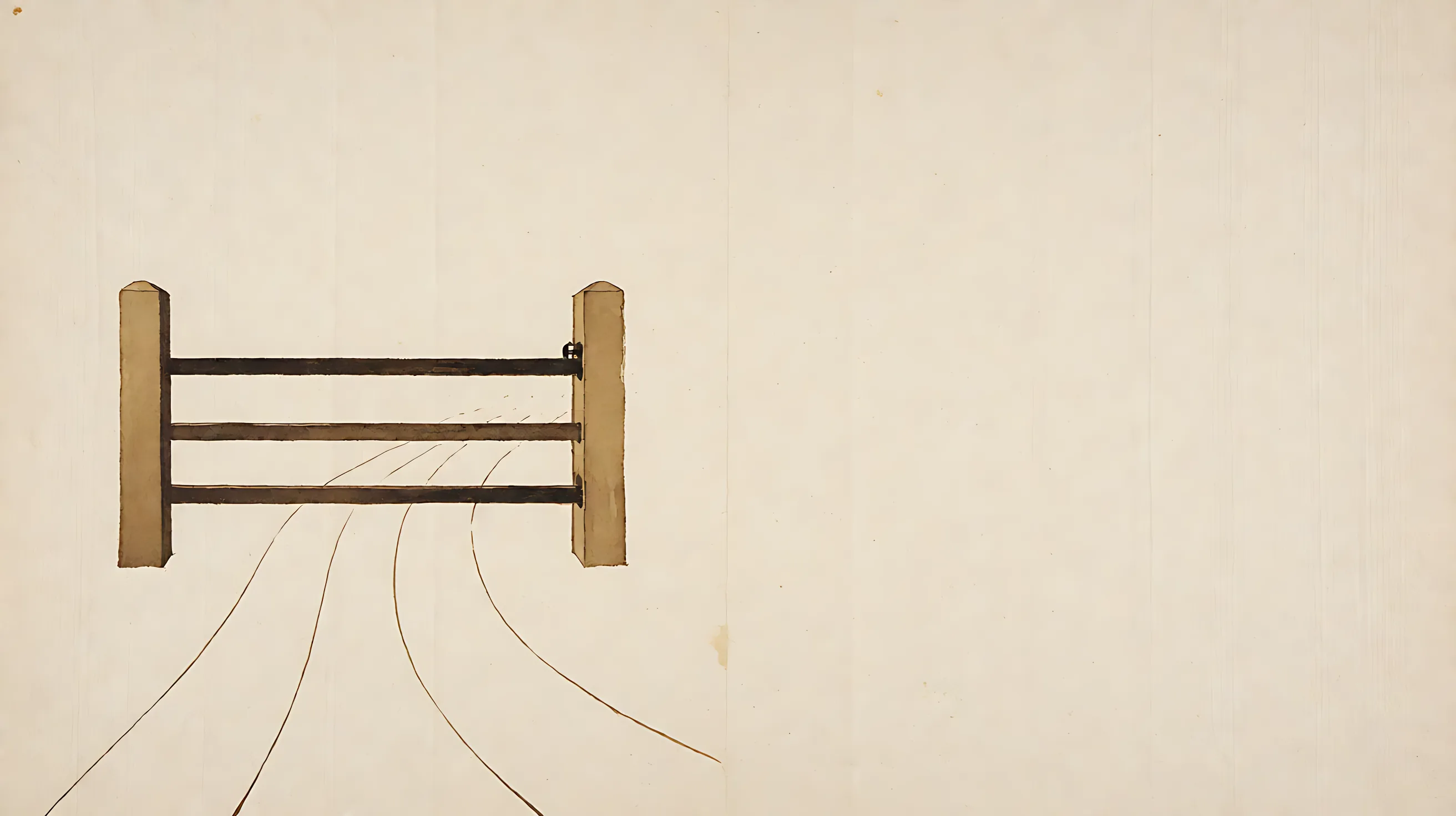 Iron-gall ink: a gate still closed by two bars, with thin lines bending toward it.