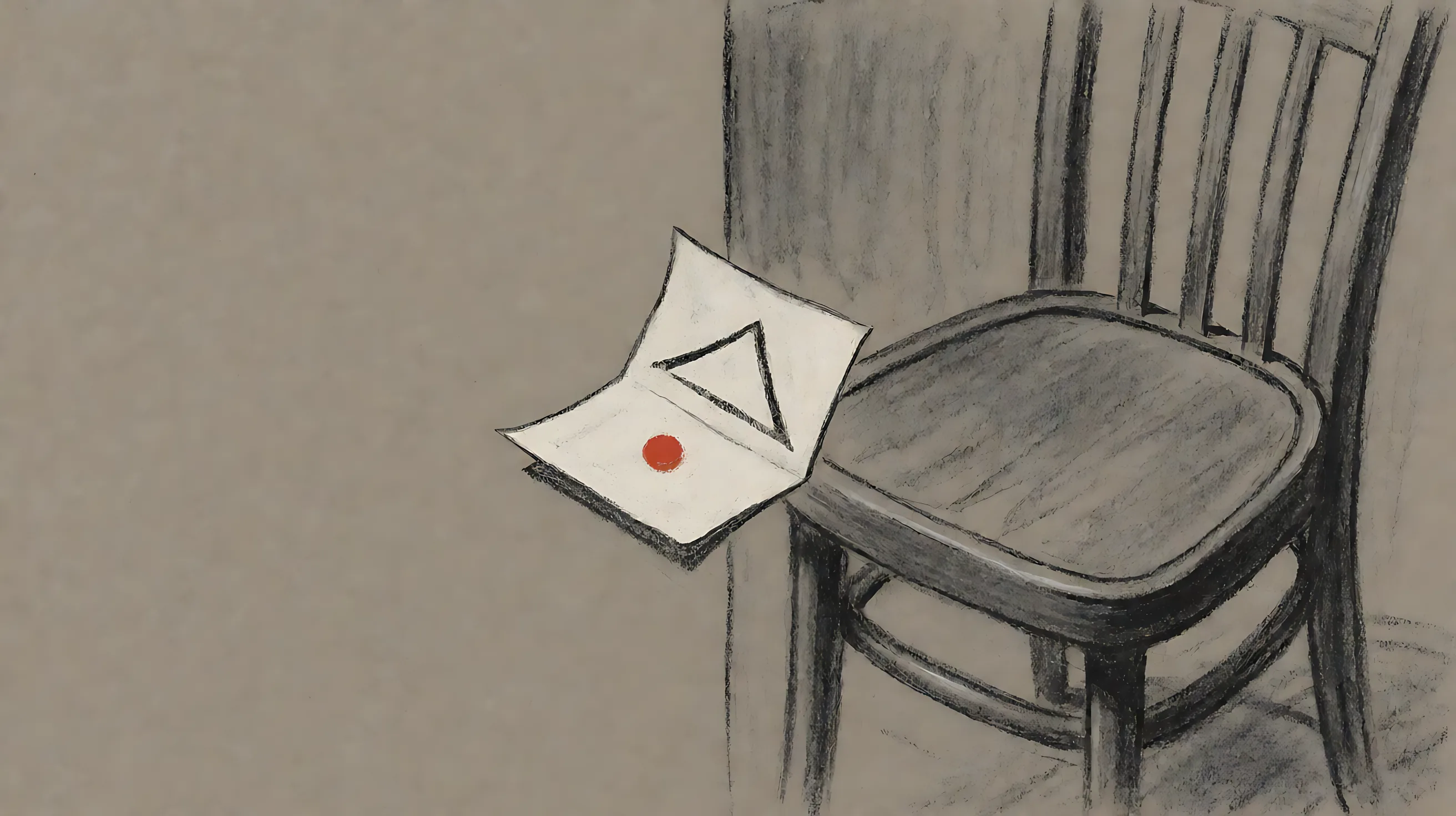 Charcoal: a note with only a roof triangle rests on the edge of an empty chair.