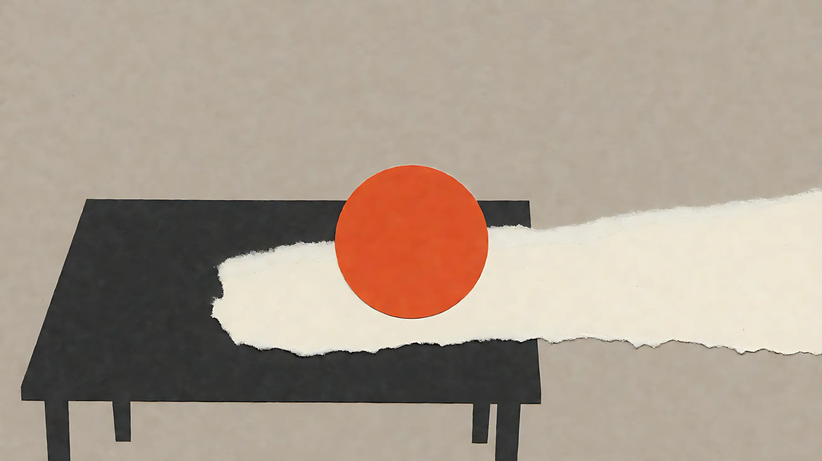 Cut paper: a faceless orange circle on a strip that runs off the right edge of a desk.