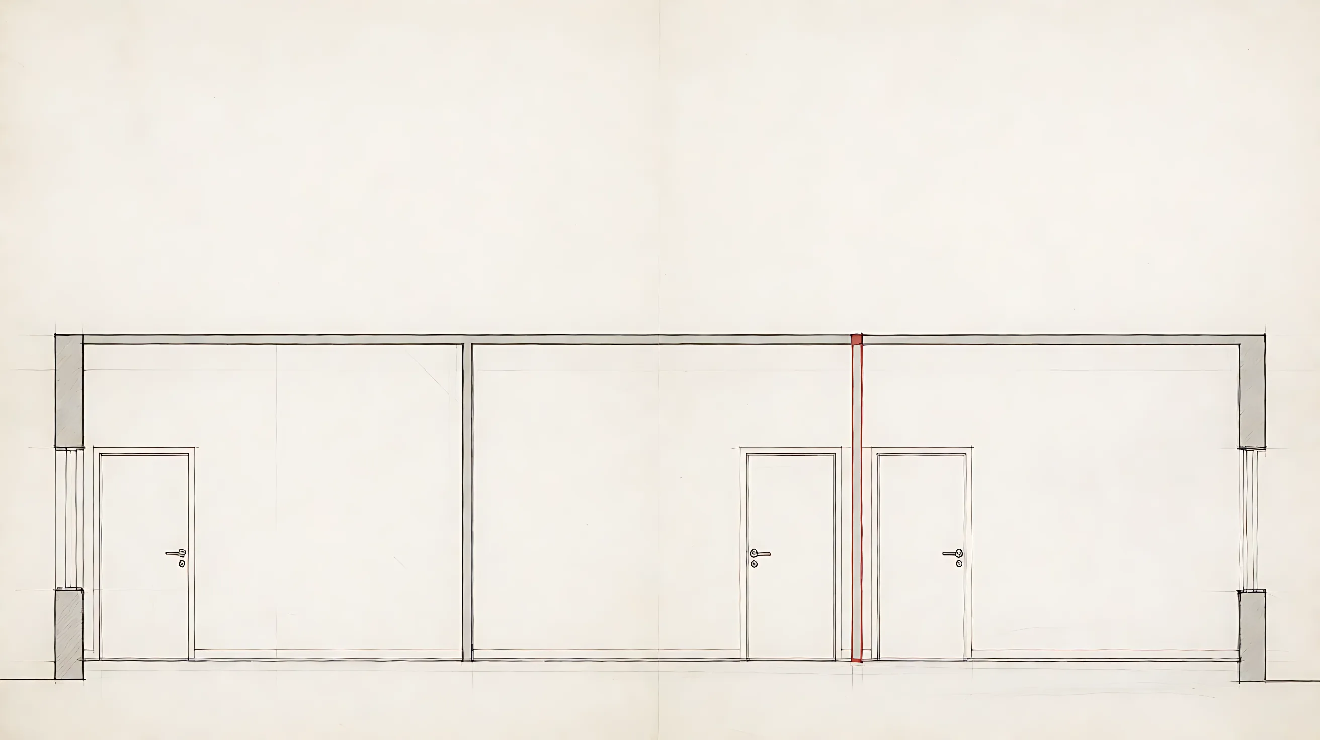 Ruled pencil: several closed doors along a wall, split by a red line from ceiling to floor.