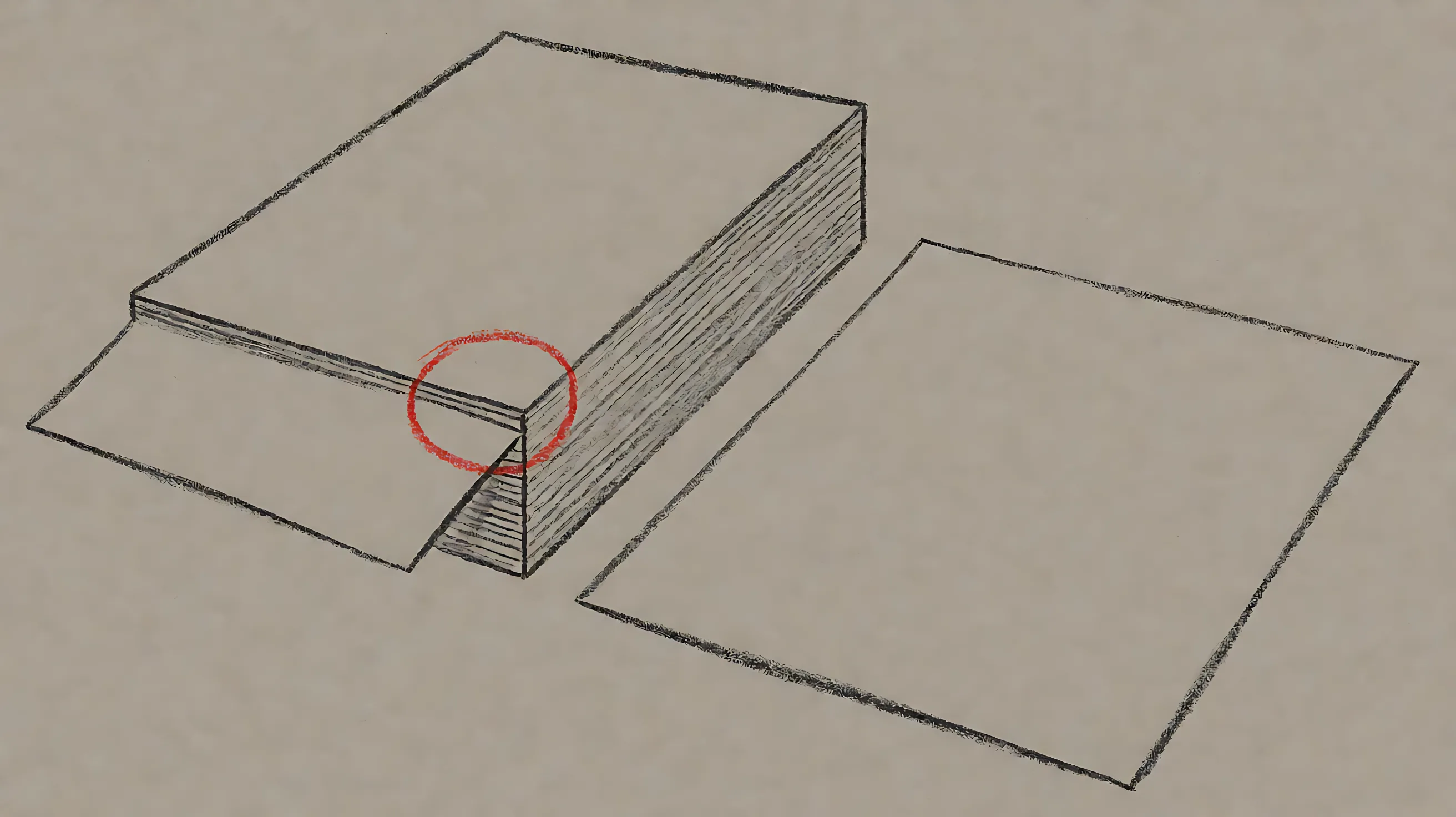 Crayon lithograph: a corner pulled from a stack is circled in red, with a blank sheet beside it.