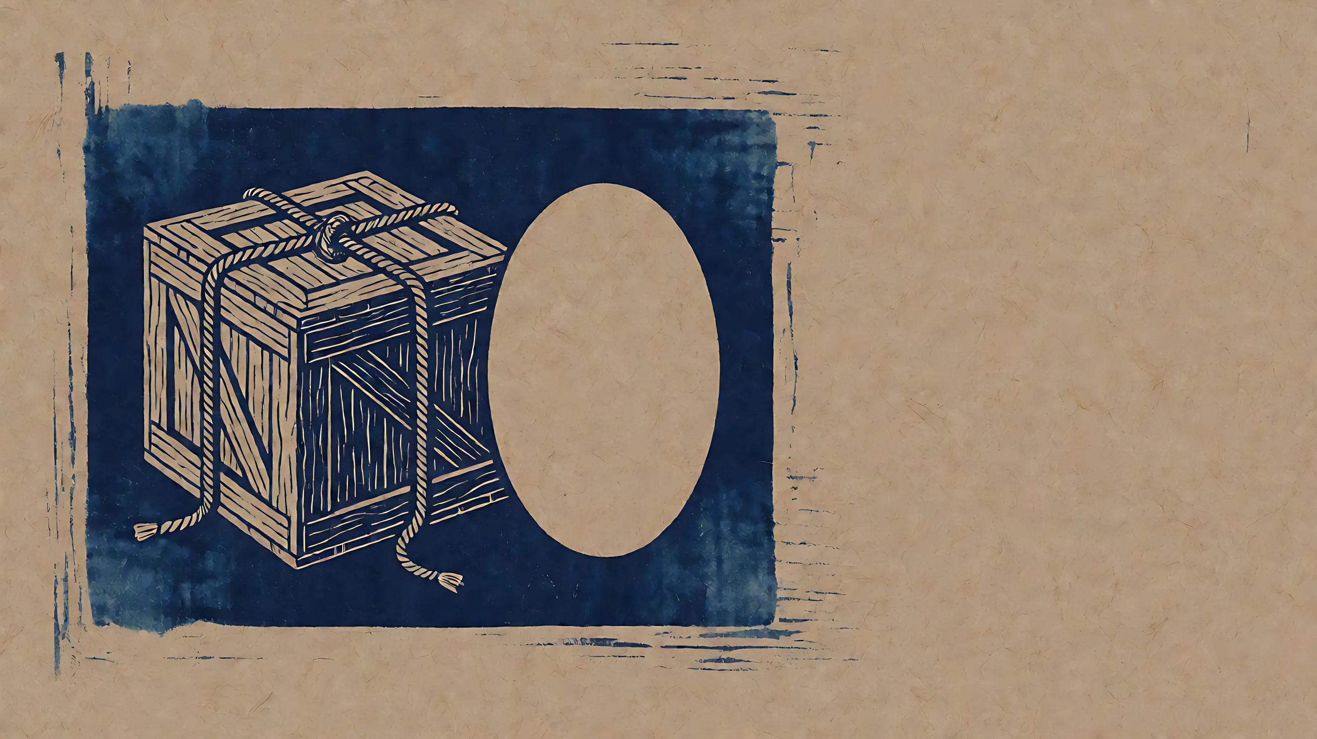 Linocut: a roped crate beside a blank paper oval with no facial features.