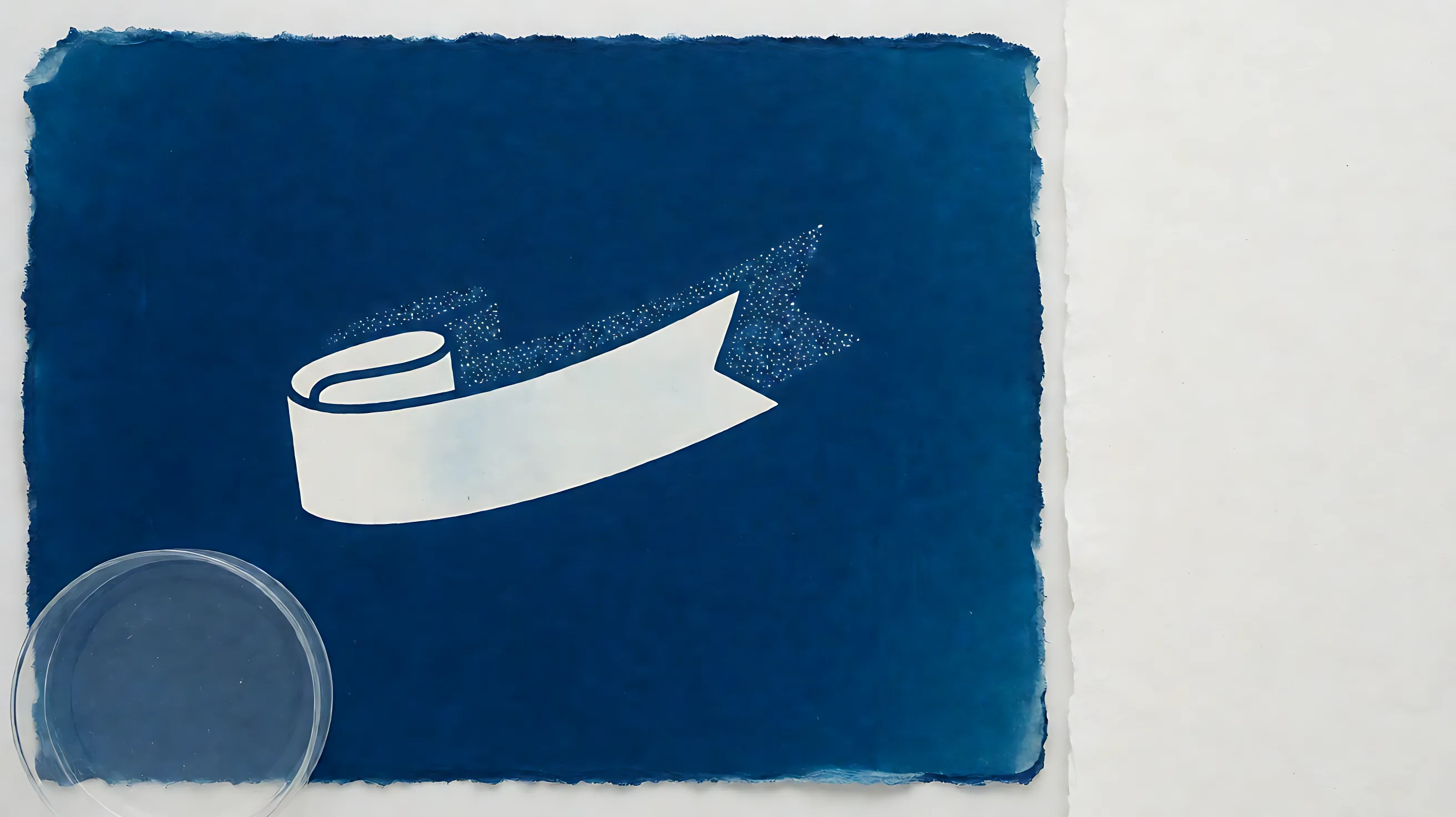 Cyanotype: a white scroll over a field of faint dots, with a petri dish at the lower left.