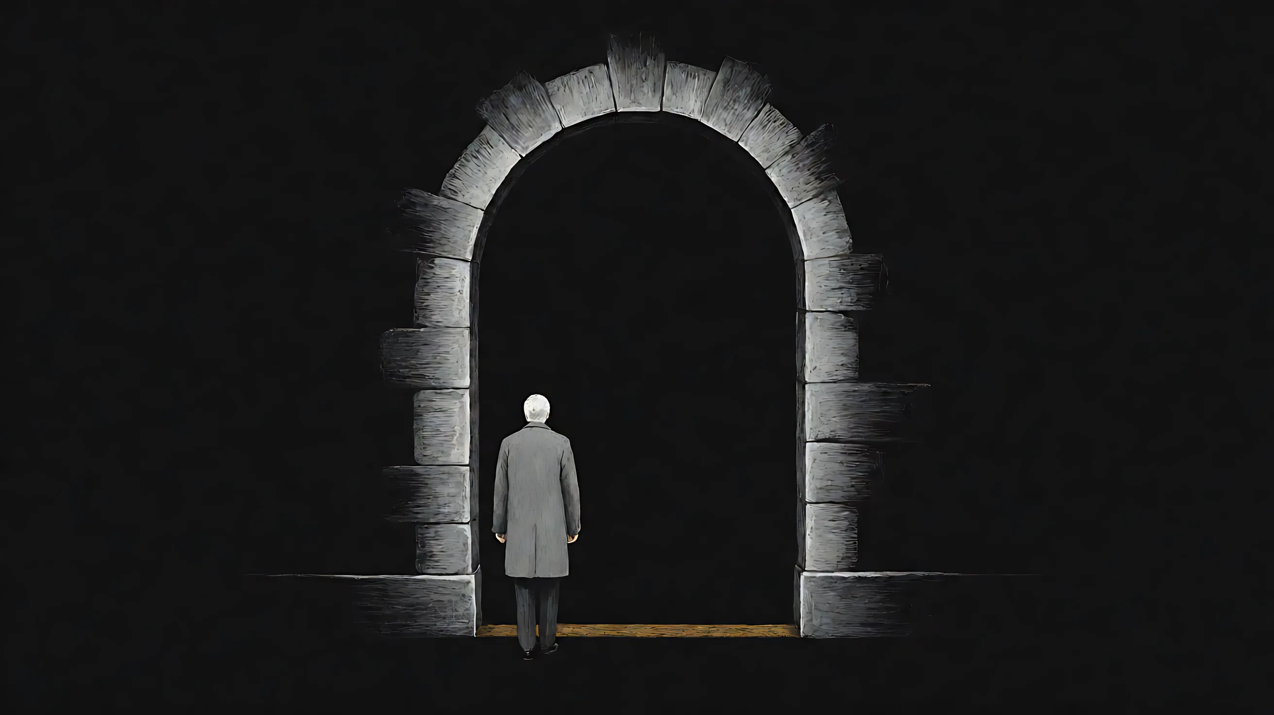 Scratchboard: an open stone arch into black, a white-haired figure standing on the threshold, seen from behind.