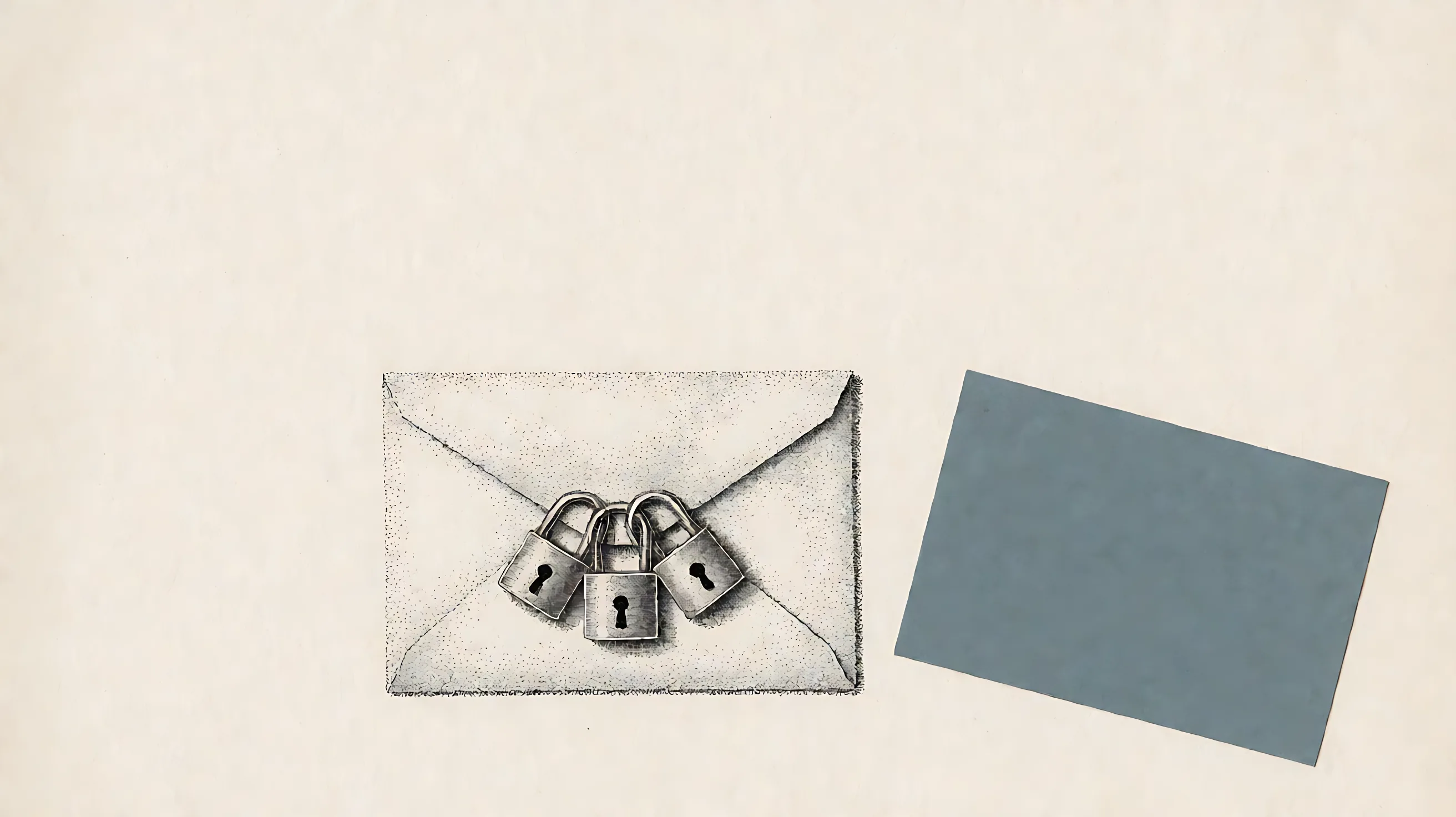 Stipple: a closed envelope with three overlapping padlocks on the flap, and a blank blue-gray card to the right.
