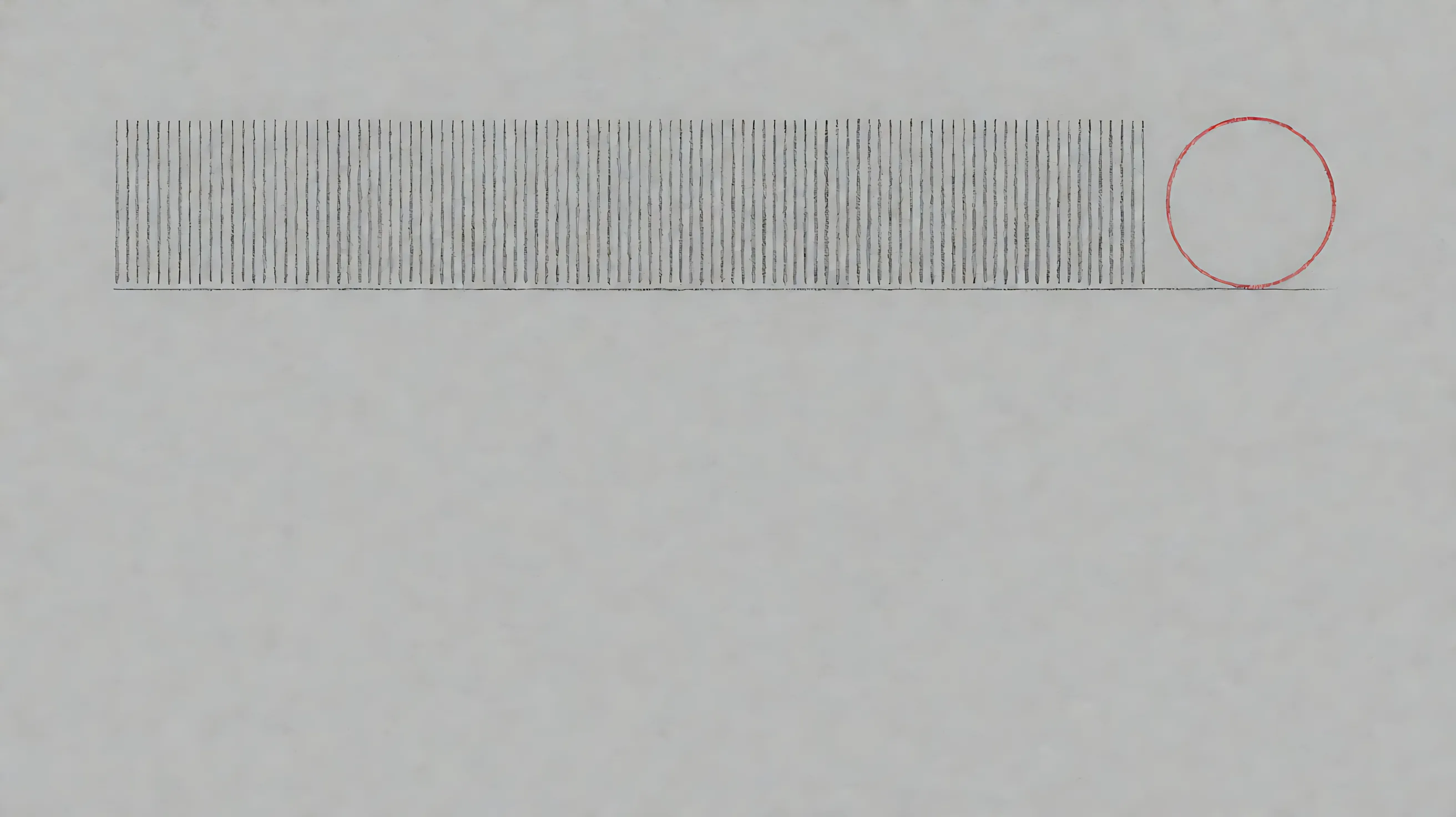 石墨素描：基线上密密的短竖线，右端一个空心红圈。