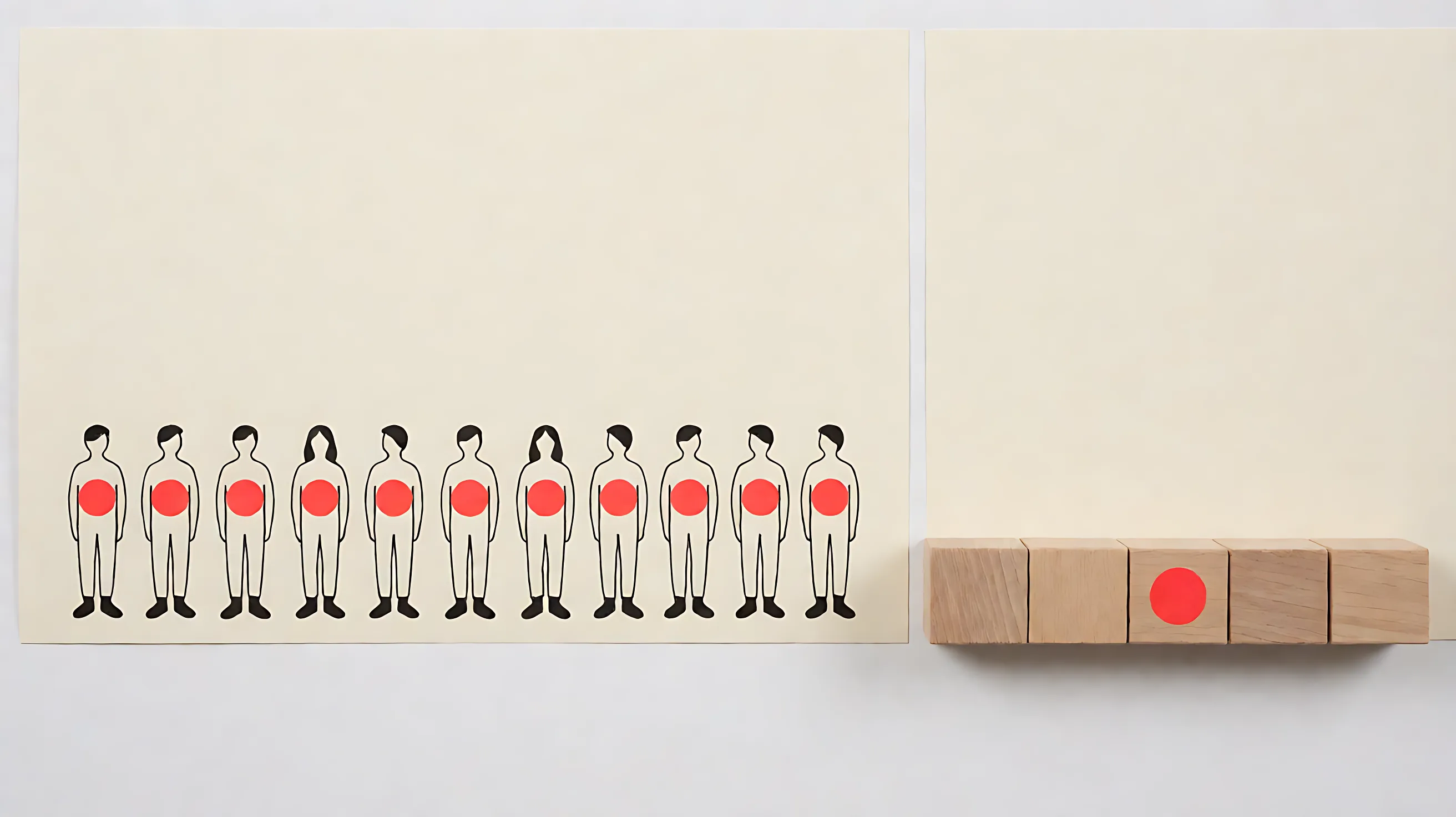 Risograph: twelve outlined figures all carry a red dot, and only the middle of five wooden blocks does.