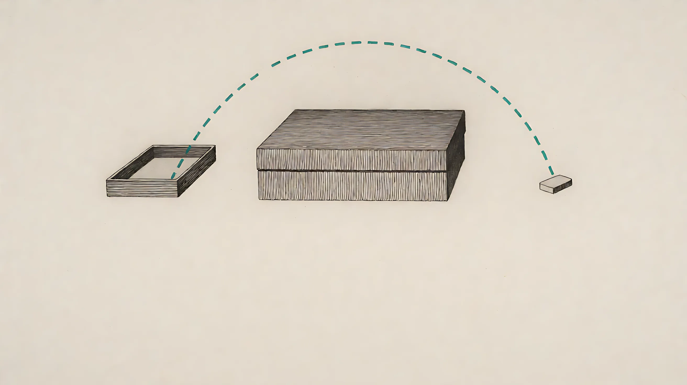 Etching: a teal dashed arc leaves an open tray, clears a closed box, and lands on a small chip.