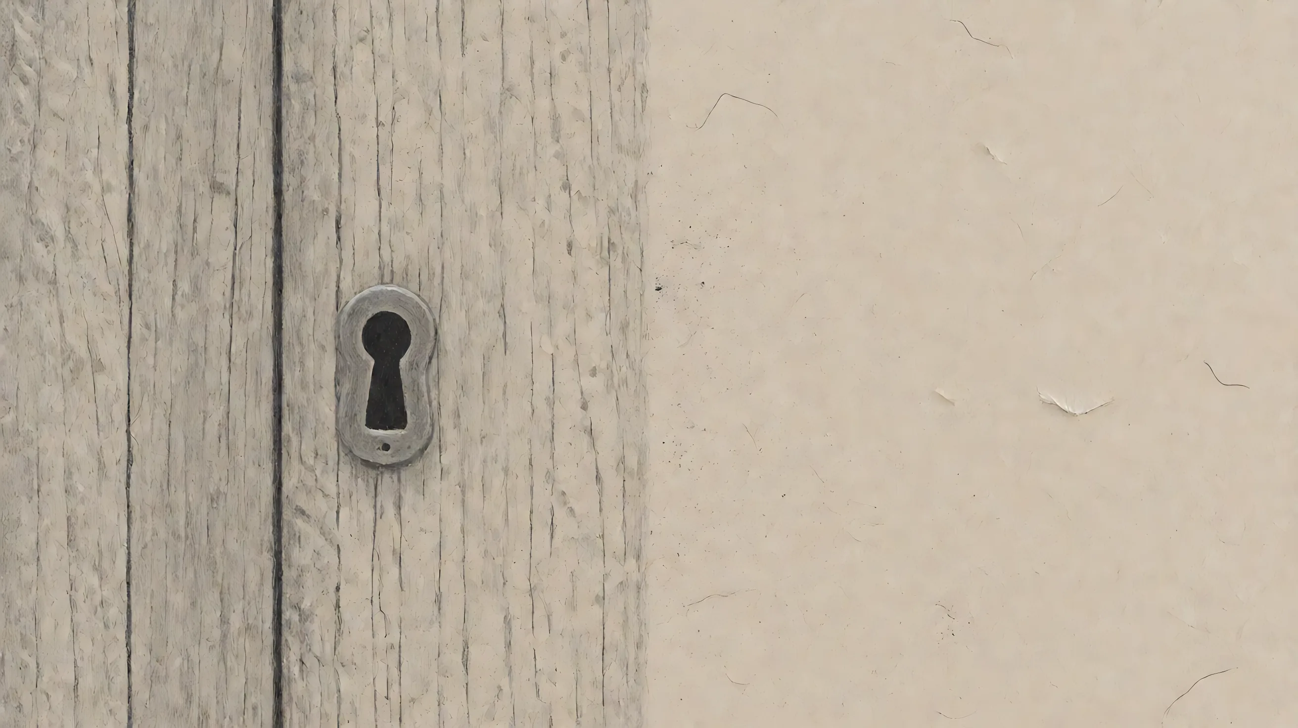 Wood grain: a closed door and an empty keyhole on the left, blank paper on the right.