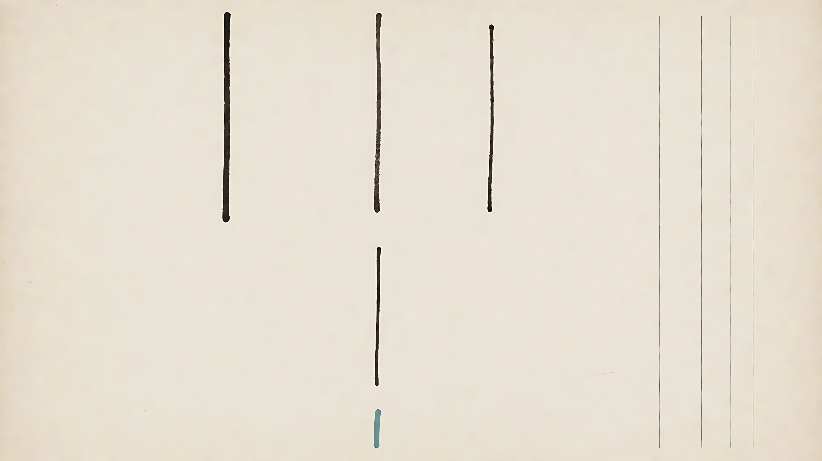 Technical pen: three strokes of similar height, and a shorter stroke below the middle with a small teal mark.