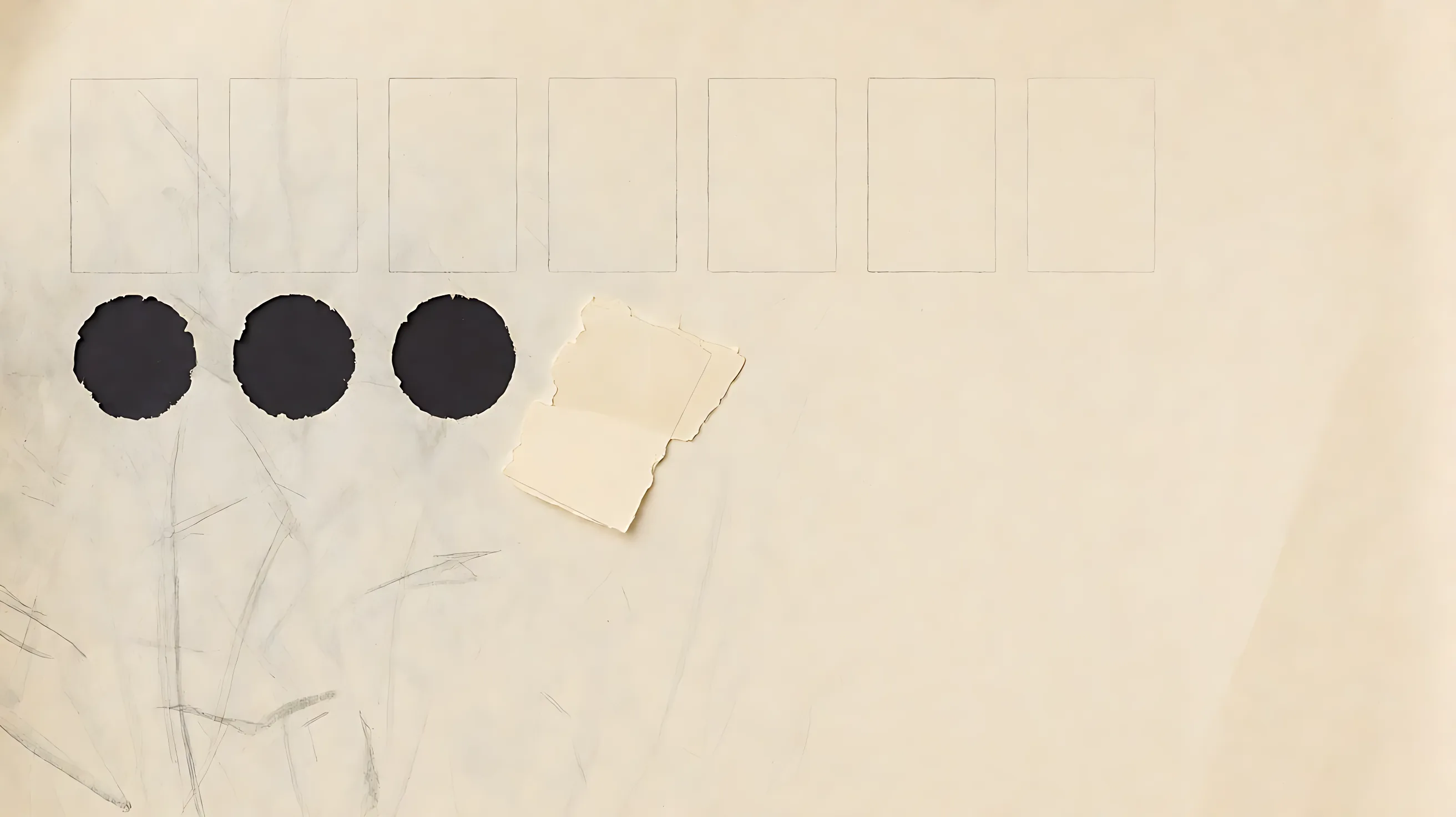 Eight empty boxes on pale paper, with three dark circular holes below the left ones and torn scraps beside them.