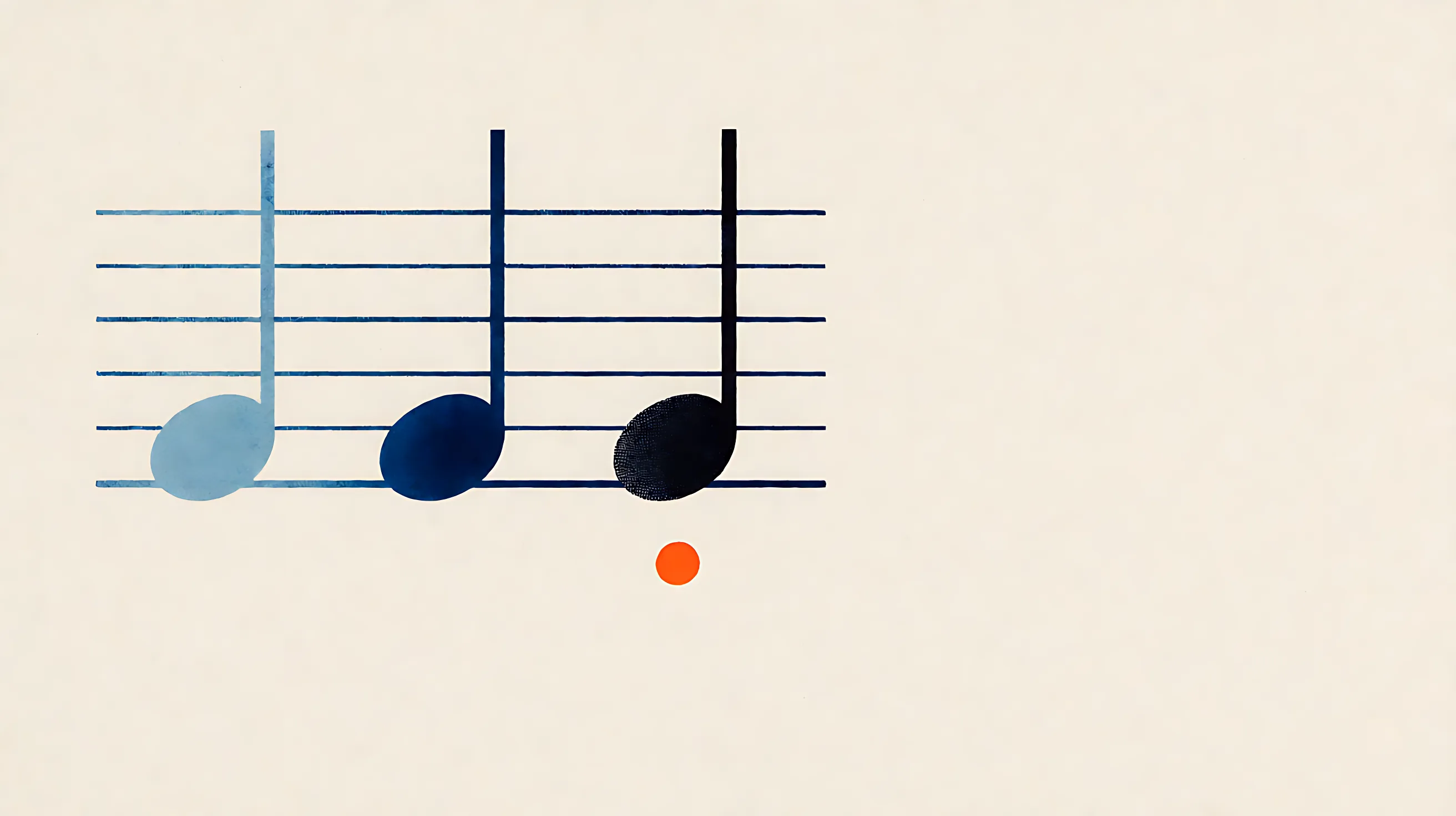 Three notes from pale to near-black on the left of a staff, a small orange dot below, and empty paper on the right.